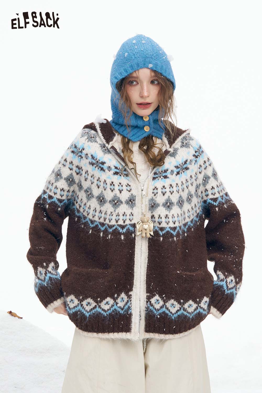 ELFSACK women's Christmas hooded sweater in brown and blue with knitted patterns and pockets