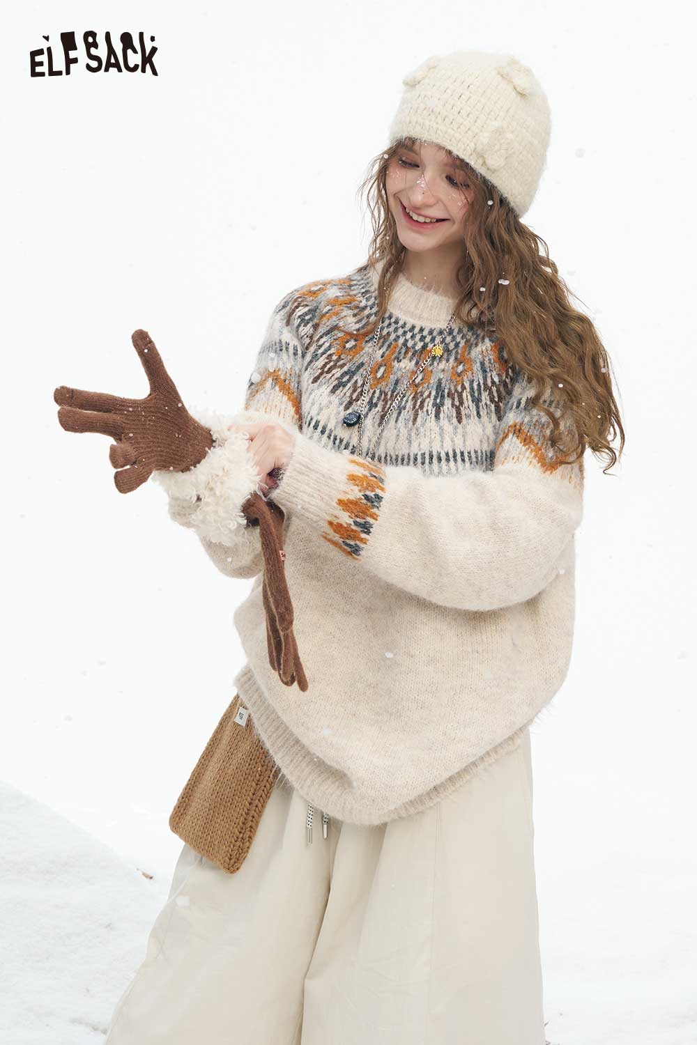 ELFSACK women's Christmas stripe sweater in cream with festive designs, perfect for holiday gatherings