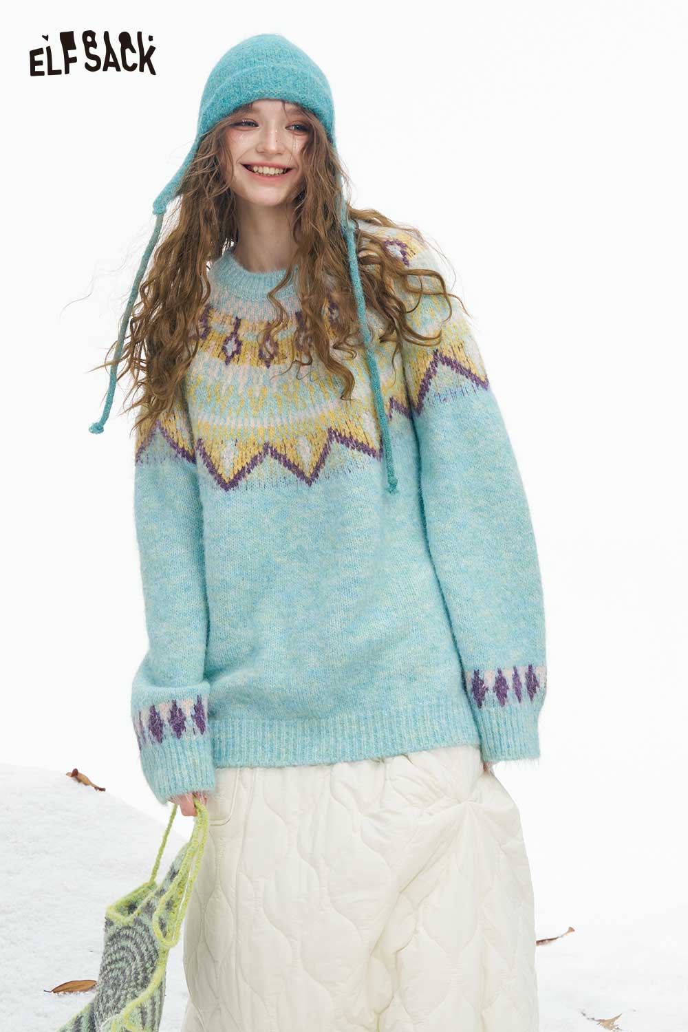 ELFSACK women's Christmas stripe sweater in light blue with colorful patterns and a cozy fit