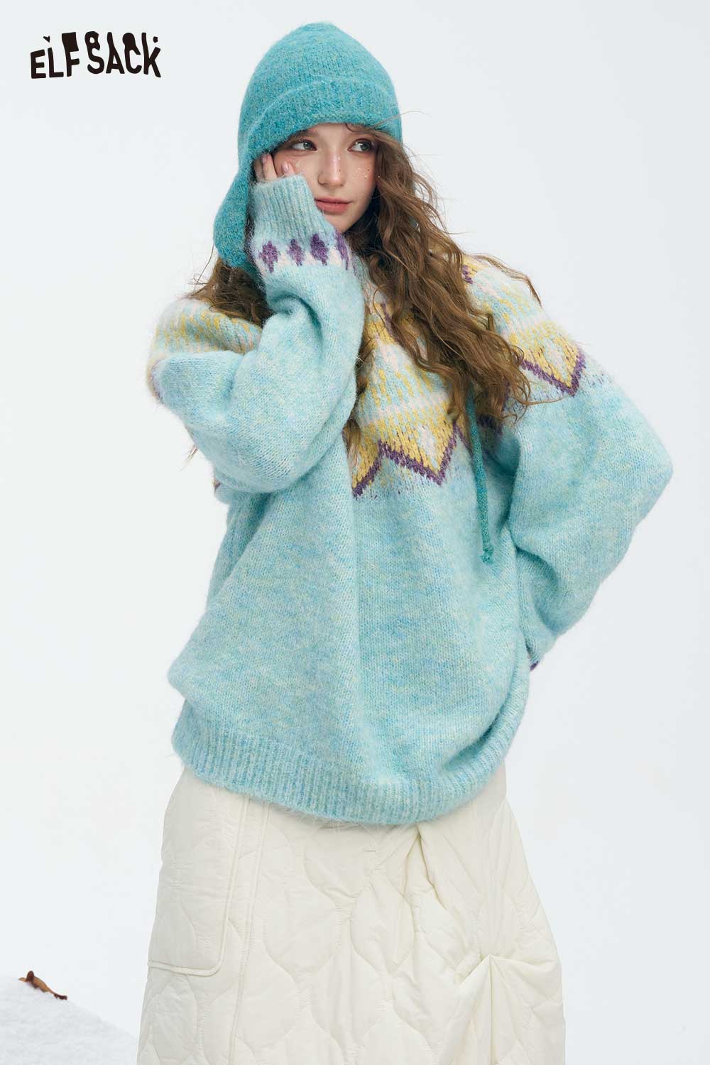 ELFSACK women's Christmas stripe sweater in light blue with cozy design and oversized fit