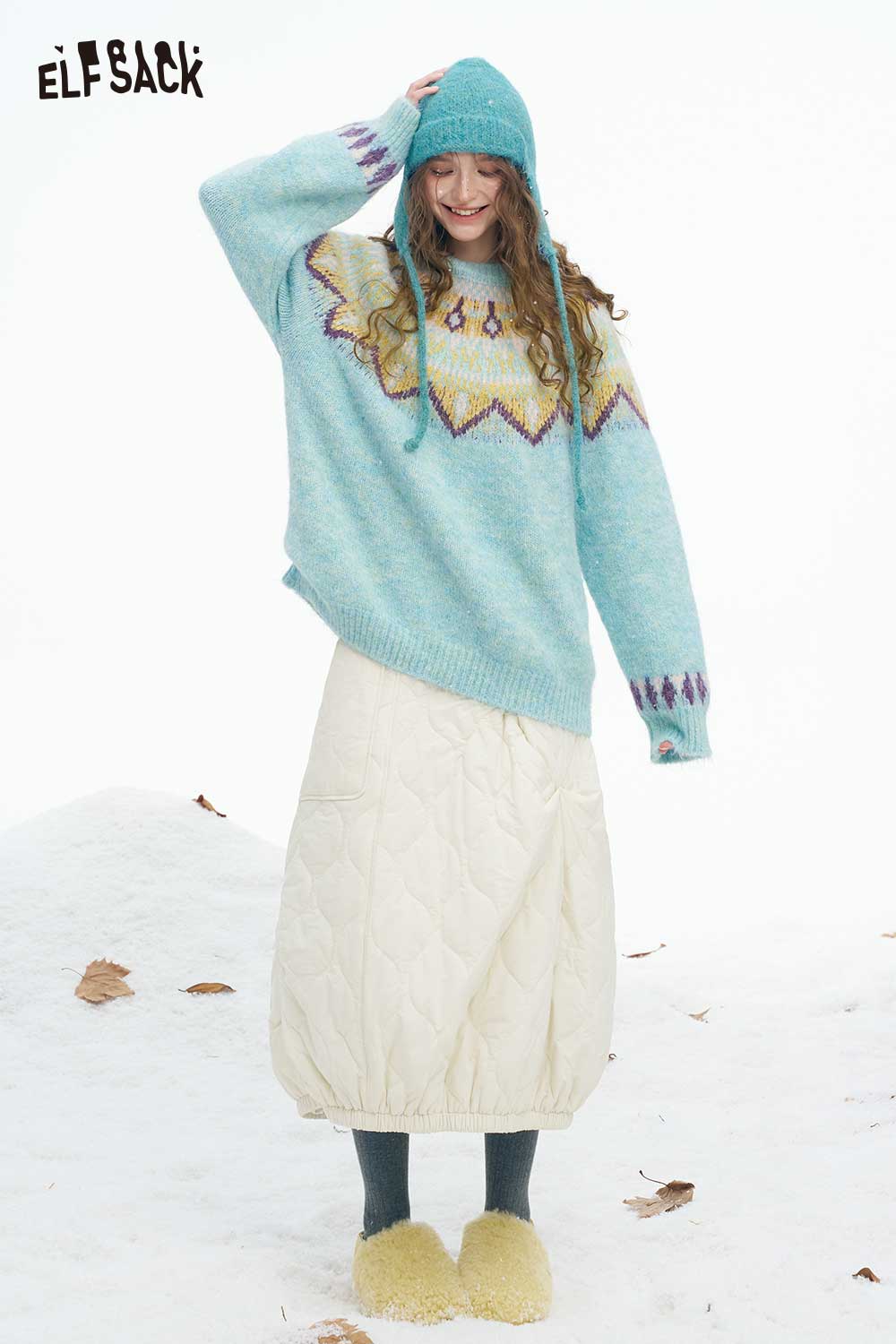 ELFSACK women's Christmas stripe sweater in blue with colorful patterns, perfect for winter cozy style