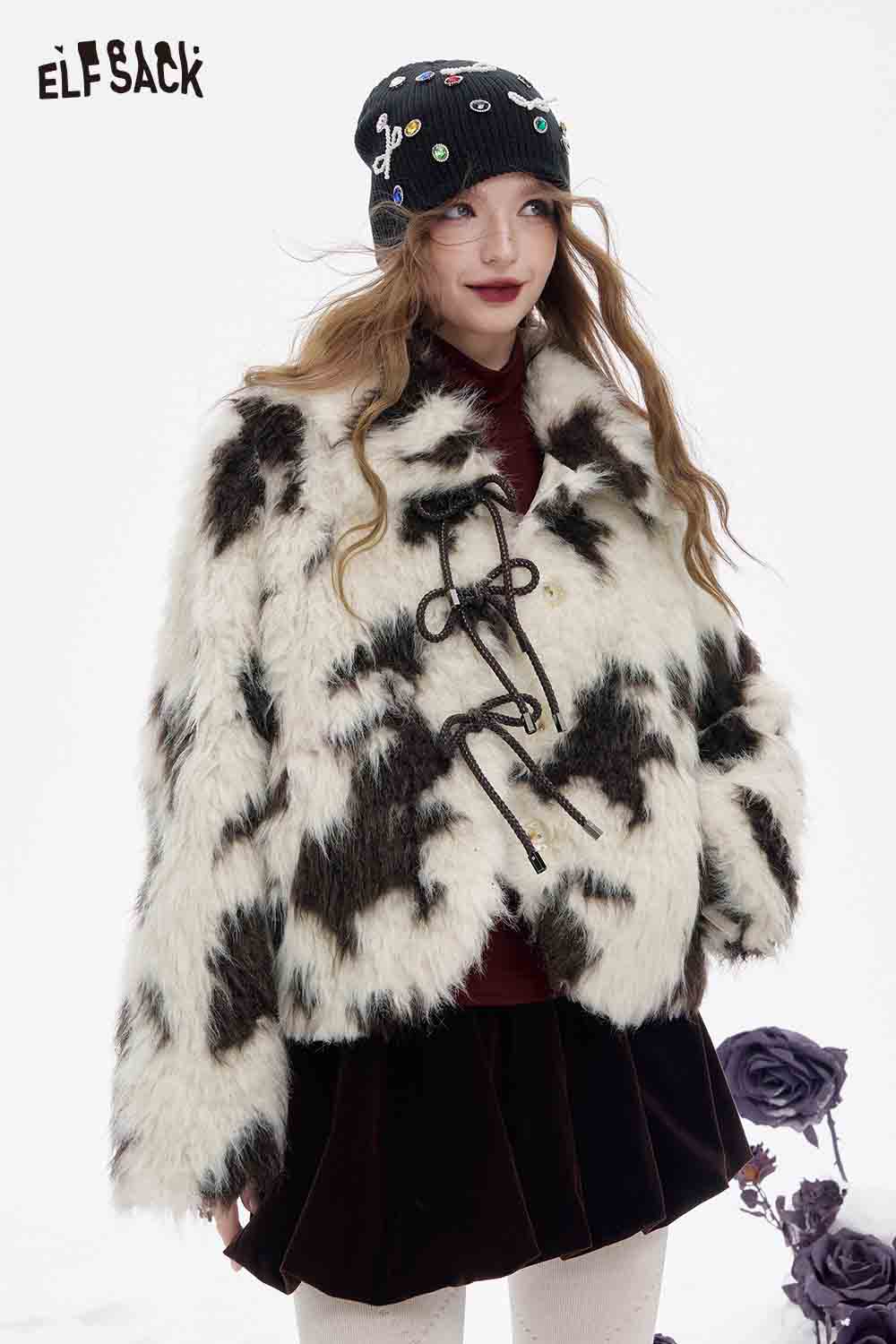 ELFSACK women's color block faux fur coat with unique pattern and stylish design