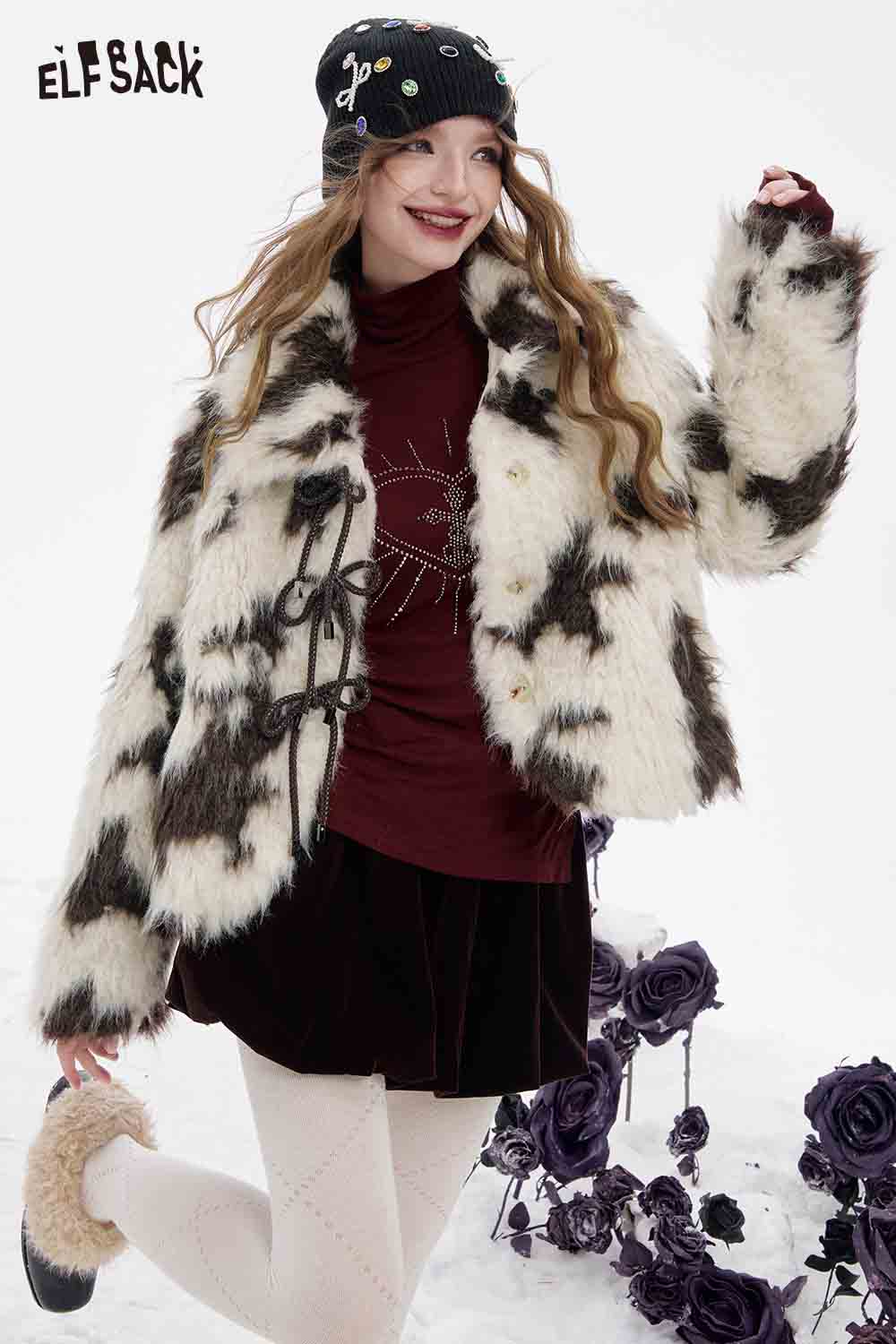 ELFSACK women's color block faux fur coat in stylish design, perfect for trendy winter outfits