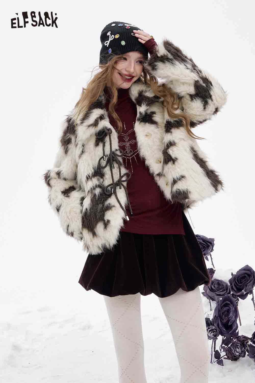 ELFSACK women's color block faux fur coat in white and brown with stylish design for fashionable winter wear