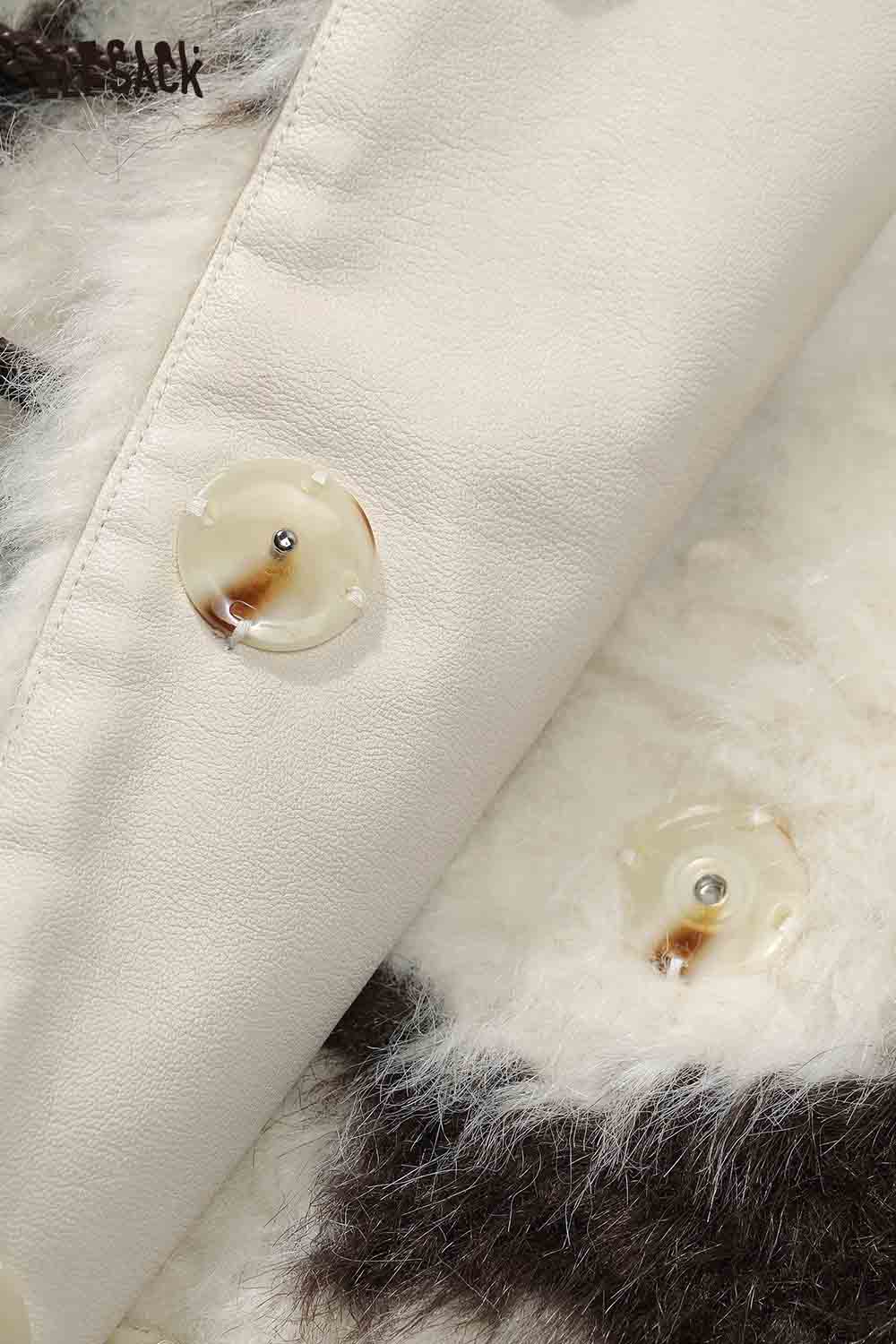 Close-up of ELFSACK women's color block faux fur coat showcasing unique button details and soft texture