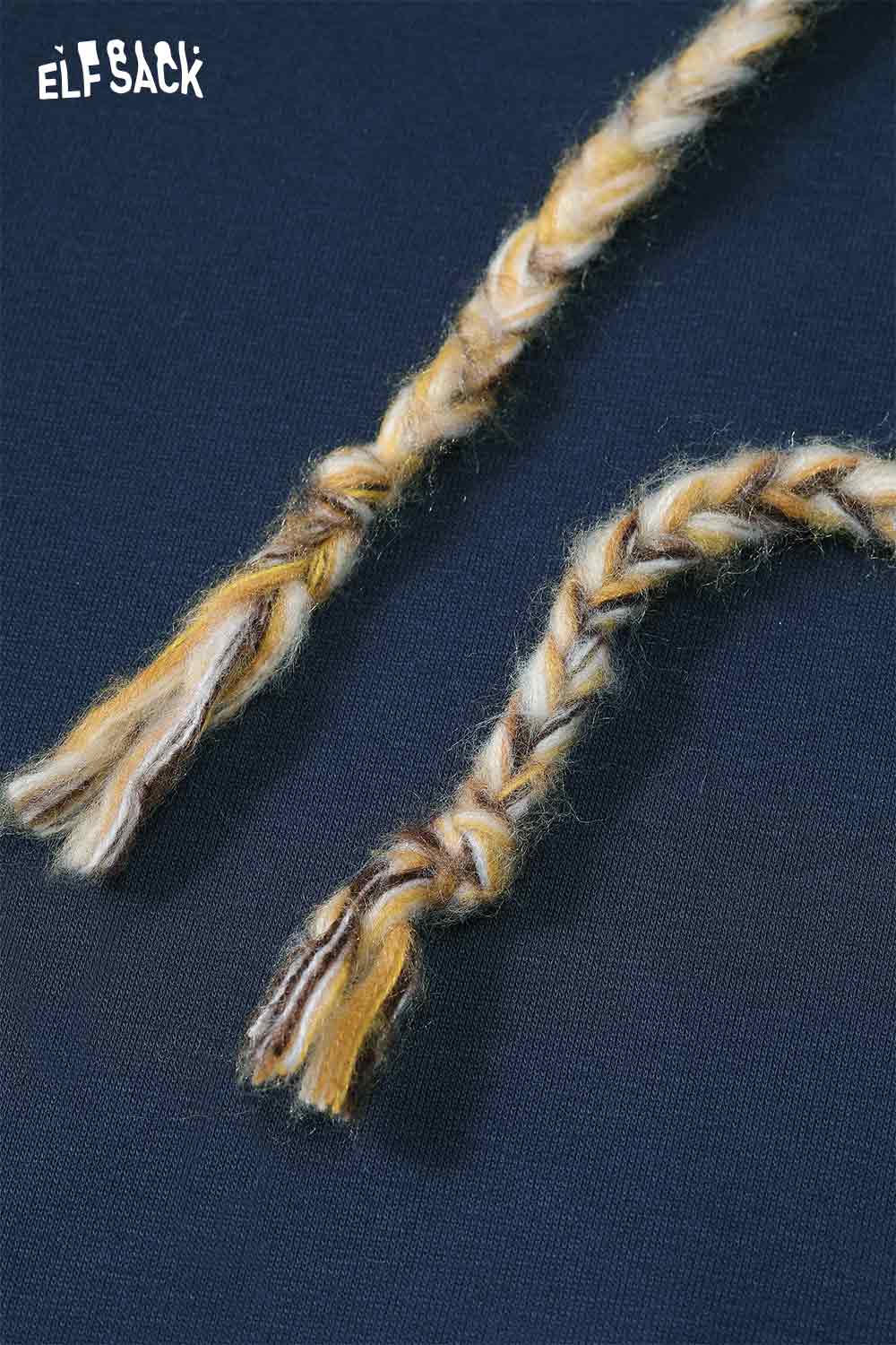 Close-up of braided drawstrings on ELFSACK women's color block hooded sweatshirt for a stylish look