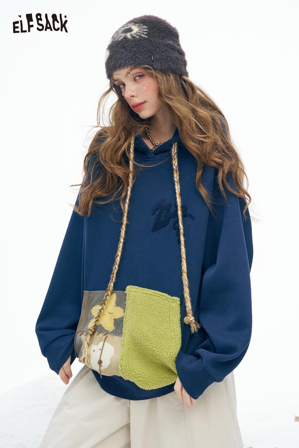 ELFSACK women's color block hooded sweatshirt in navy with unique patchwork design and drawstring detailing