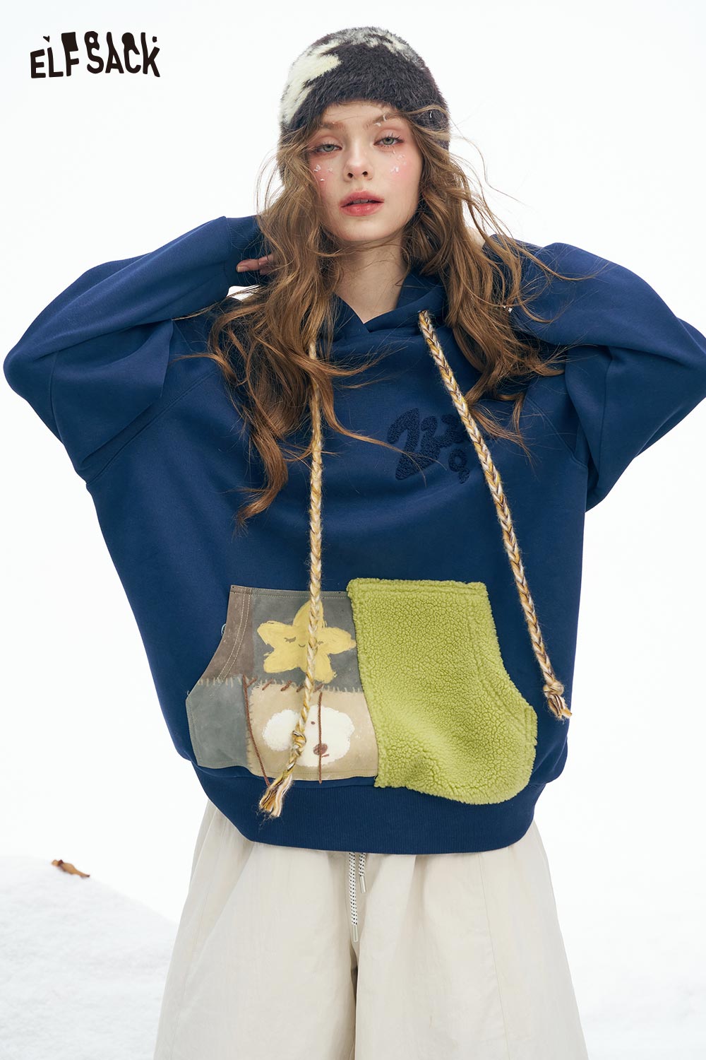 ELFSACK women's color block hooded sweatshirt with unique pocket design and cozy fit