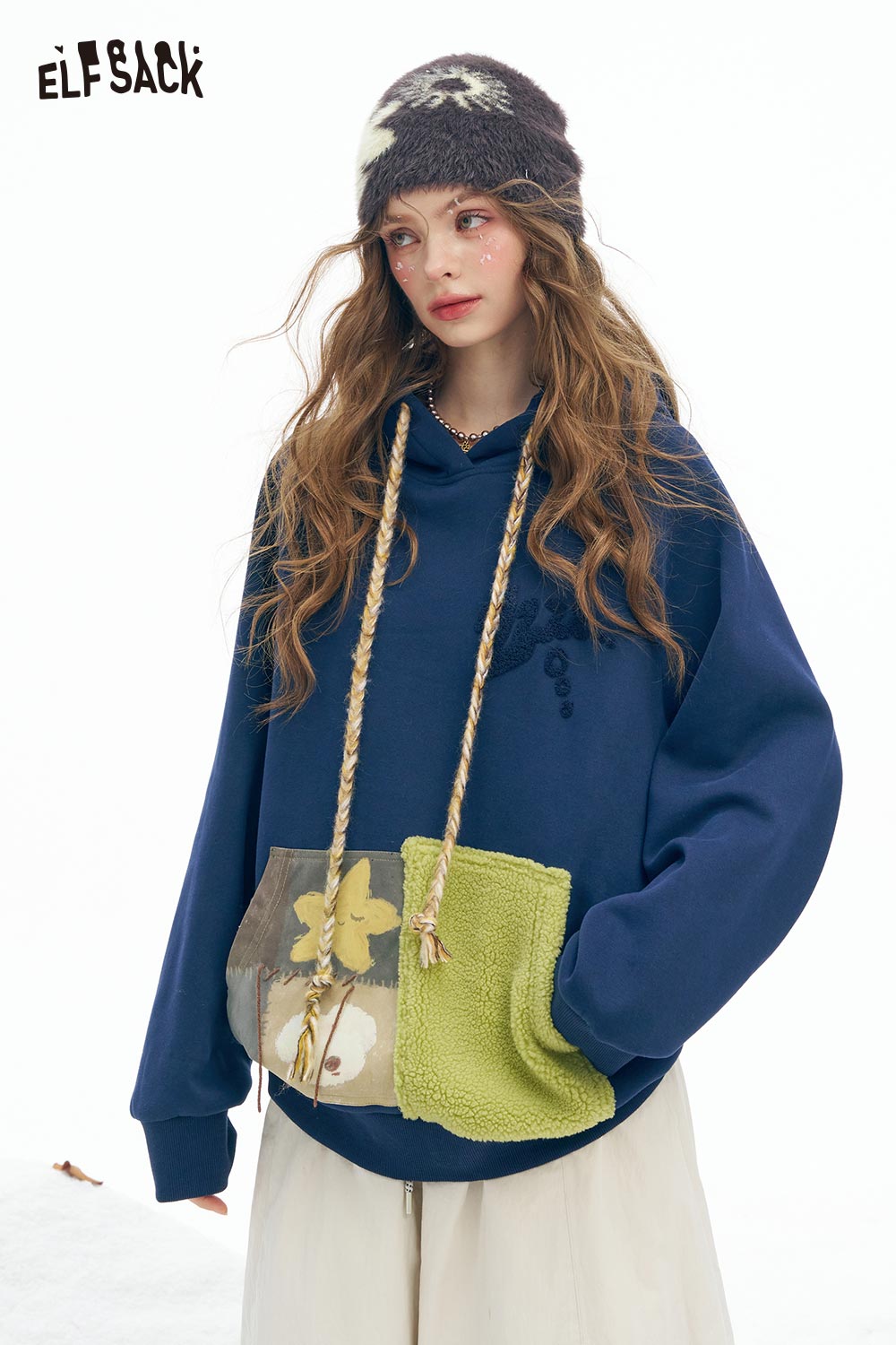 ELFSACK women's color block hooded sweatshirt featuring unique floral patchwork design and oversized fit