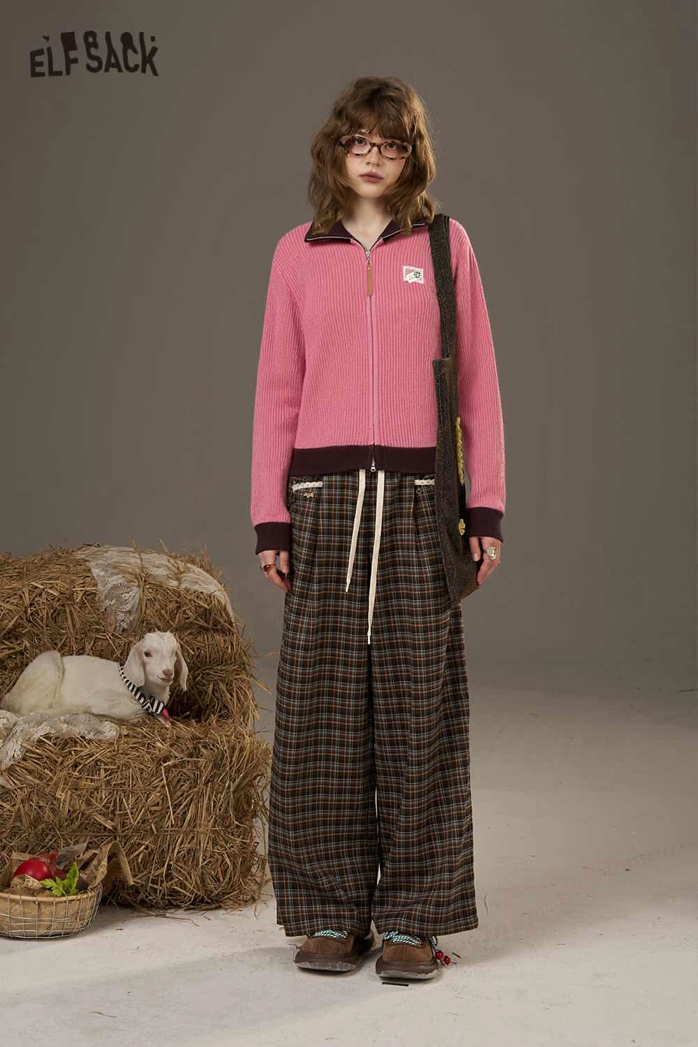 ELFSACK women's color block knit cardigan in pink with a zip front and contrasting details