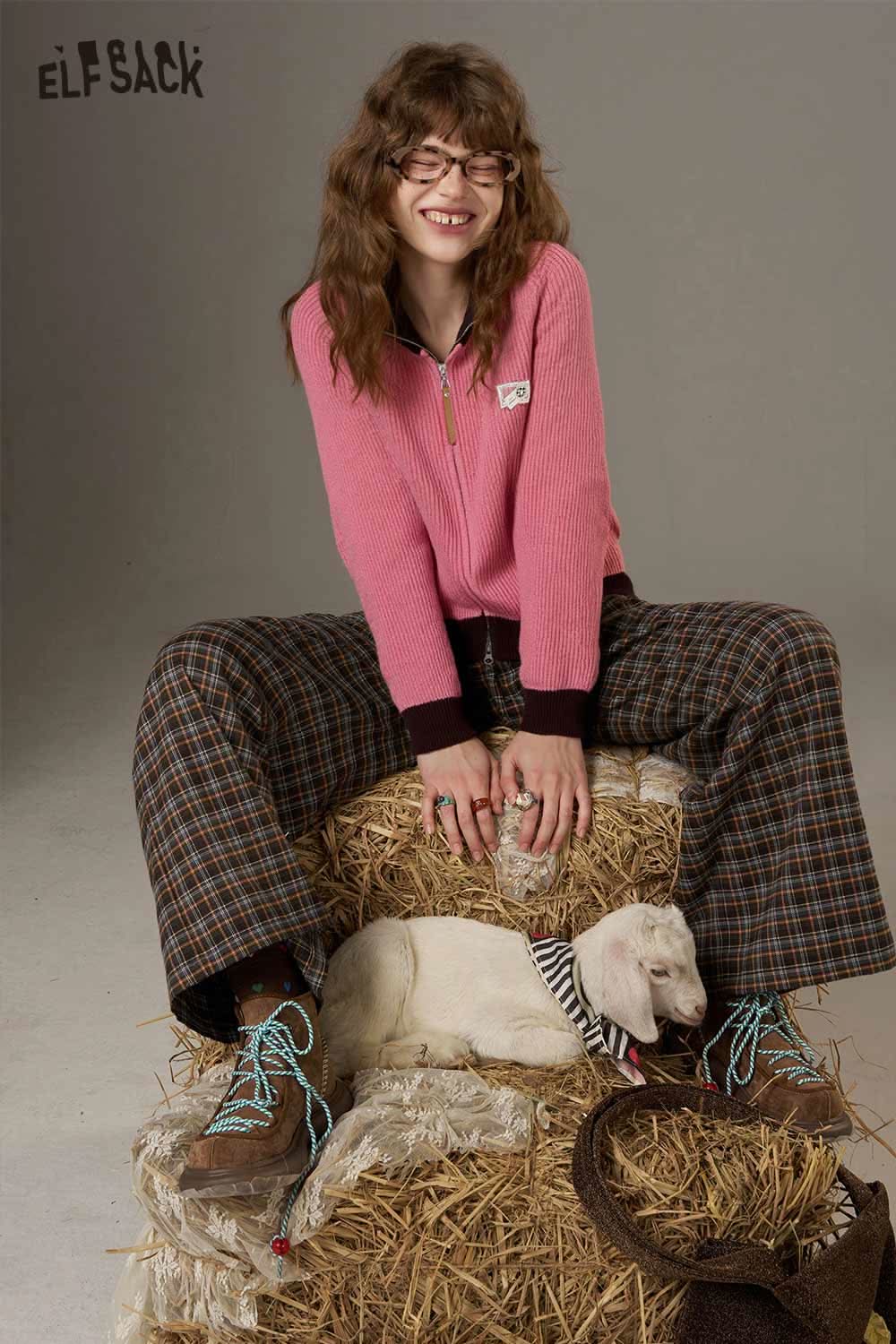 ELFSACK women's color block knit cardigan in pink, styled with plaid pants for a casual look
