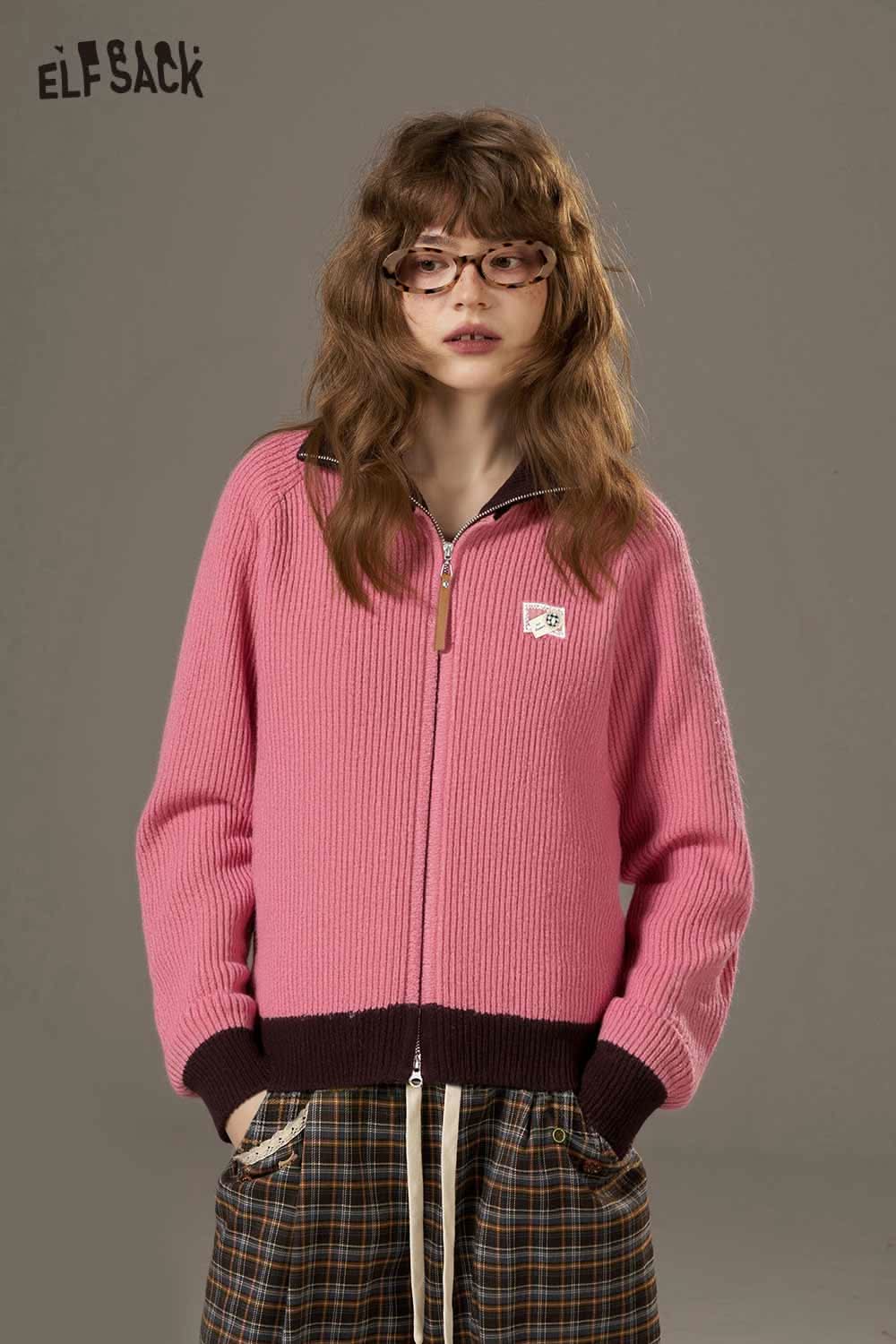 ELFSACK women's color block knit cardigan in pink with zip front and ribbed texture