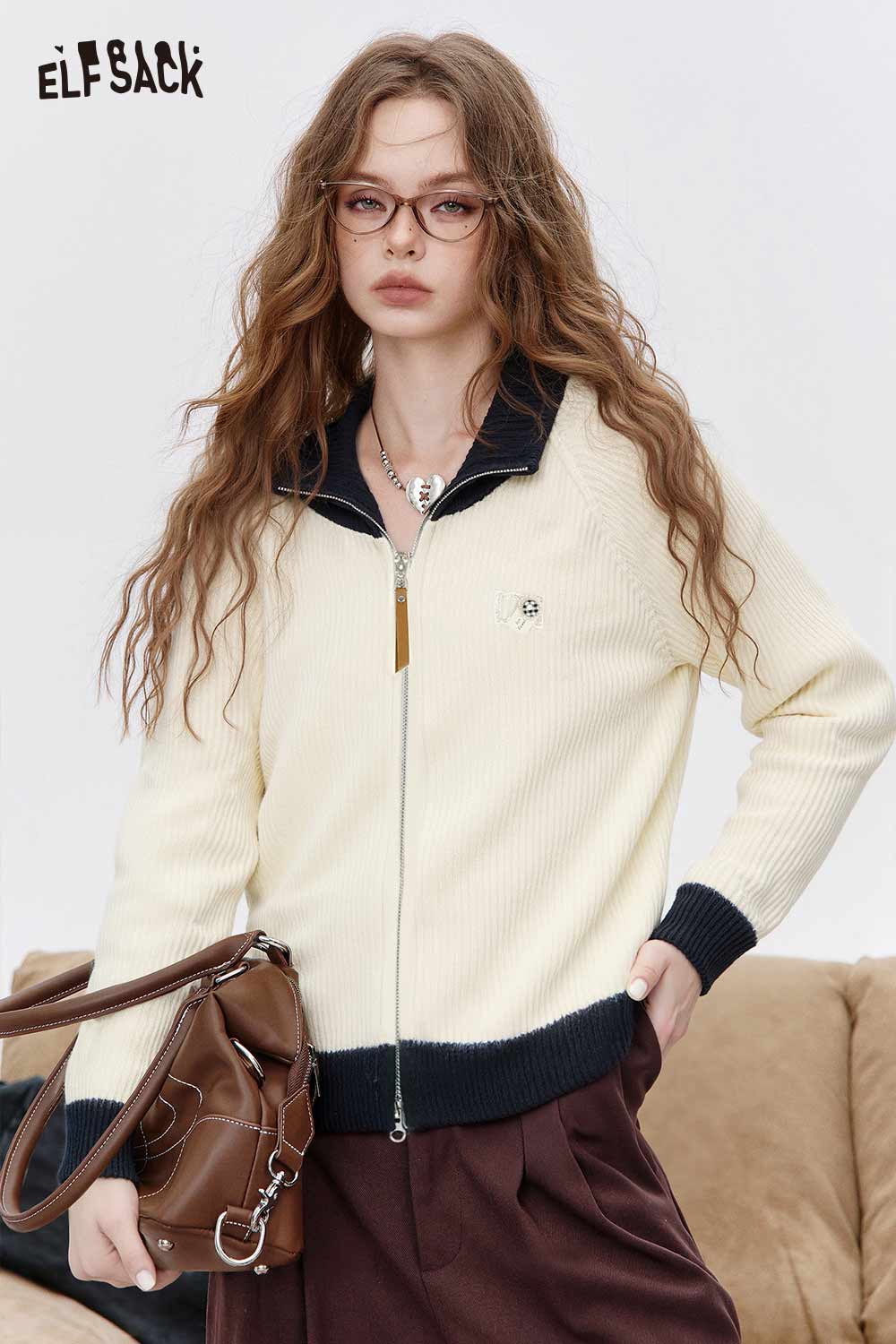 ELFSACK women's color block knit cardigan in cream with a zip front and contrasting collar