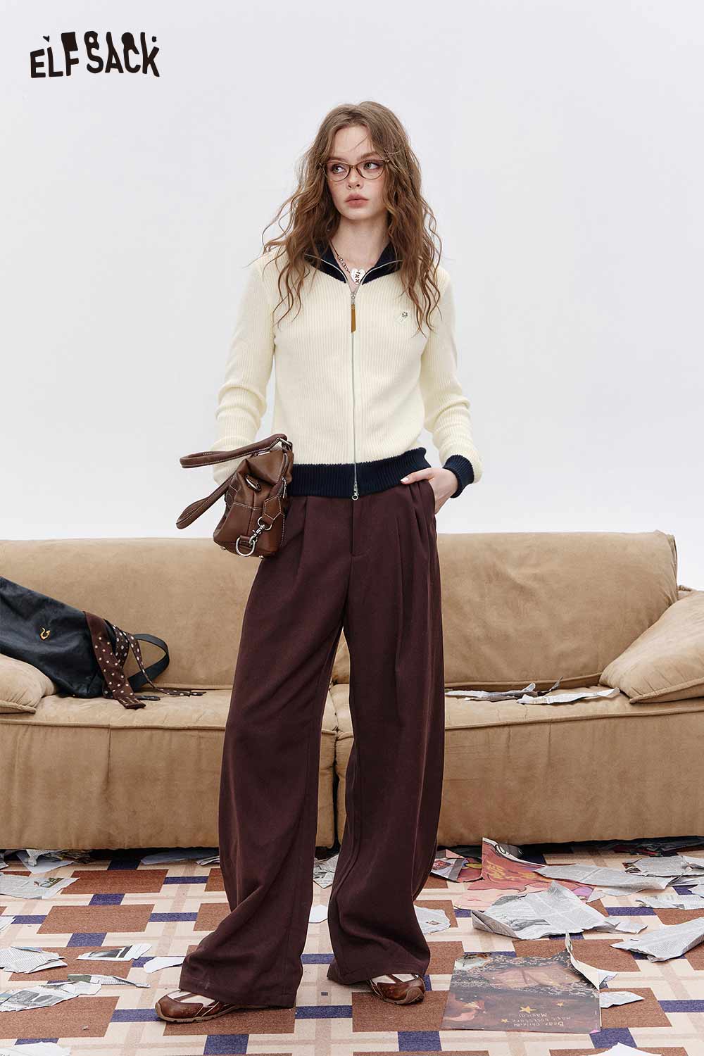 ELFSACK women's color block knit cardigan with a stylish zip-up design paired with brown wide-leg pants