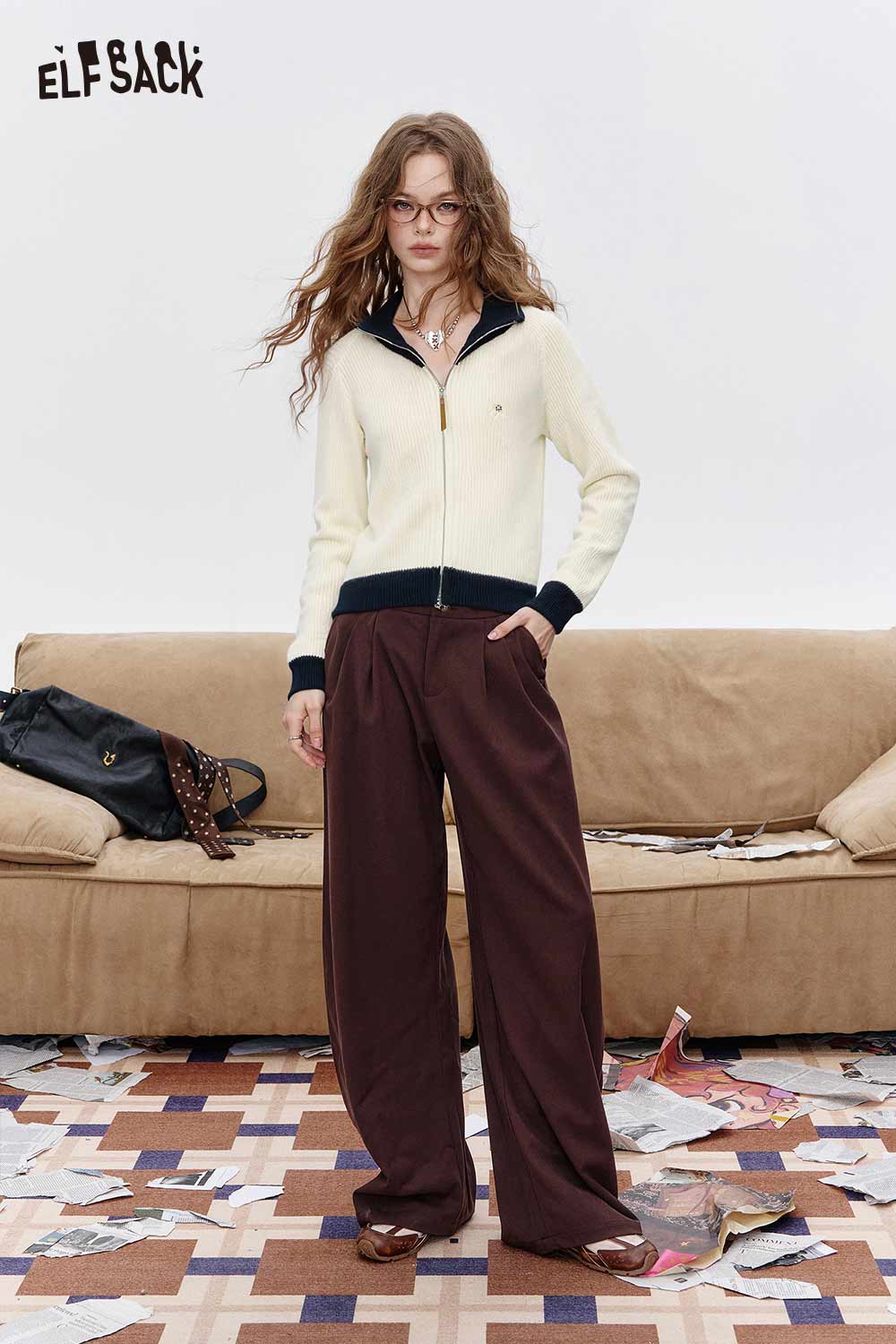 ELFSACK women's color block knit cardigan in cream and navy, styled with relaxed trousers