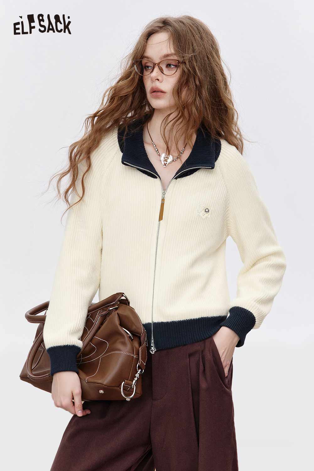 ELFSACK women's color block knit cardigan in cream and navy with a stylish zip-front design