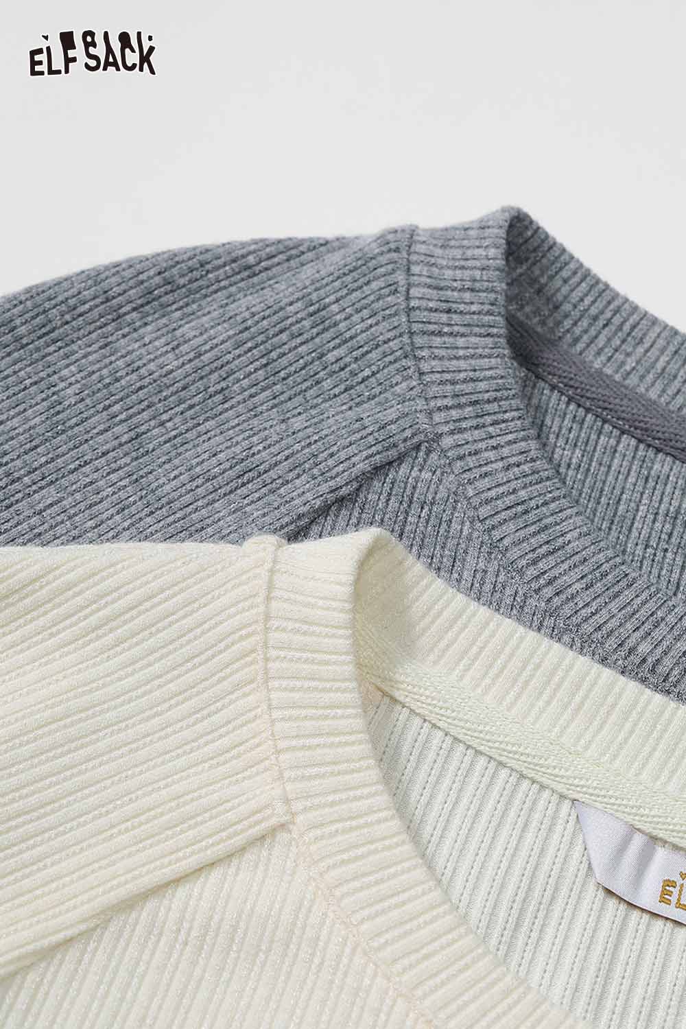 ELFSACK women's color block knit pullover featuring a soft ribbed texture in gray and cream colors