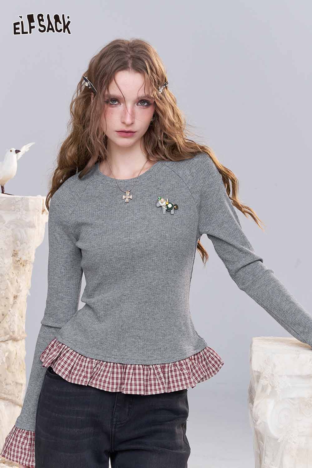 ELFSACK women's color block knit pullover with a stylish ruffle hem and long sleeves