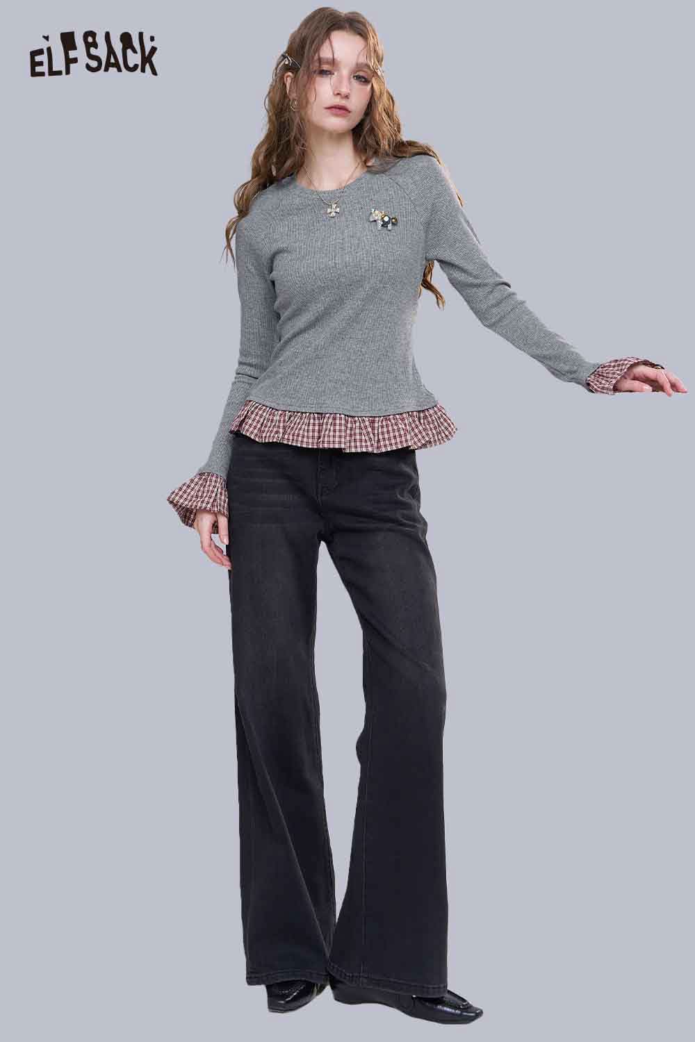 ELFSACK women's color block knit pullover with ruffled sleeves and a playful design