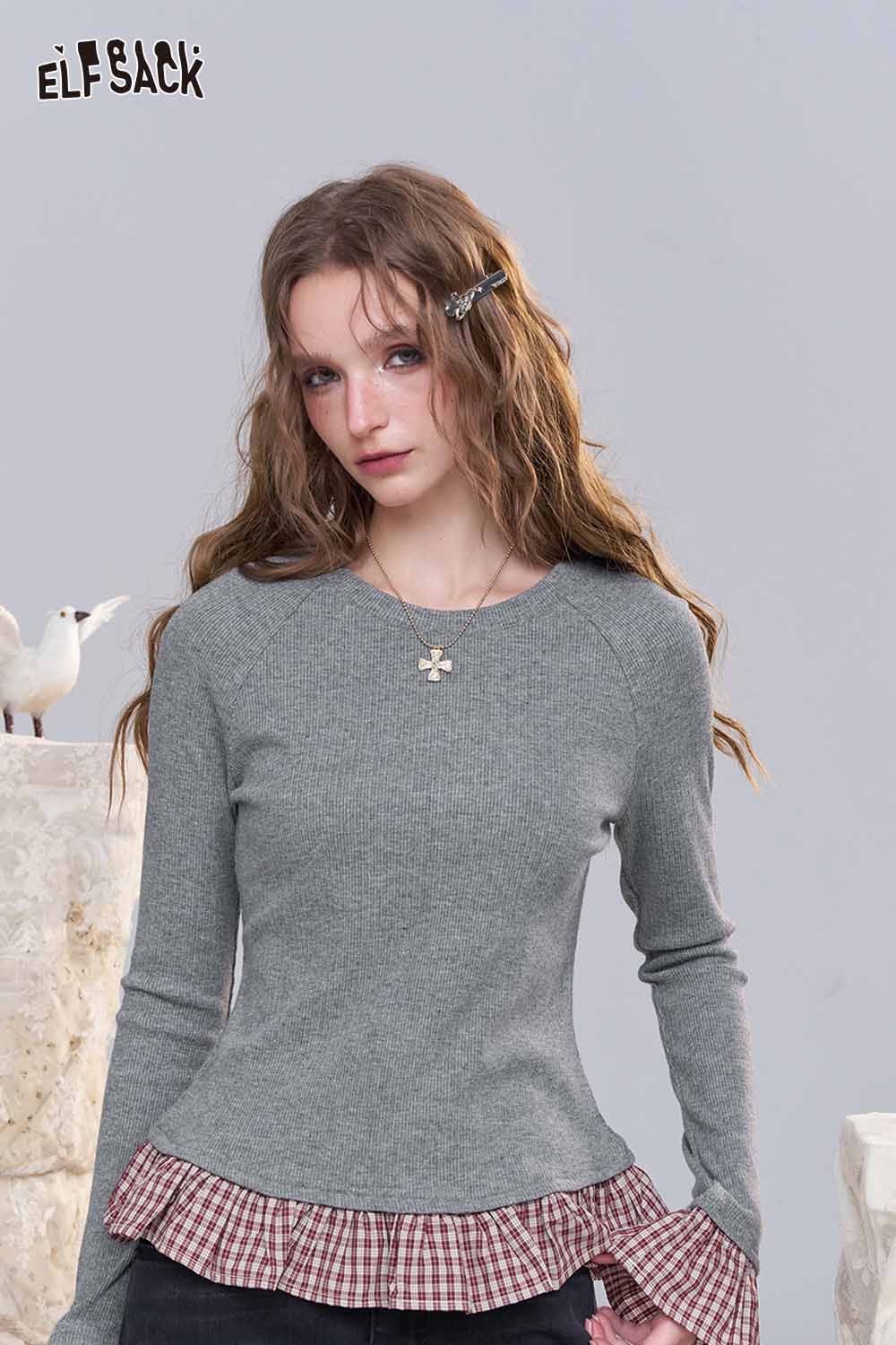 ELFSACK women's color block knit pullover with a ruffled hem for a stylish layered look