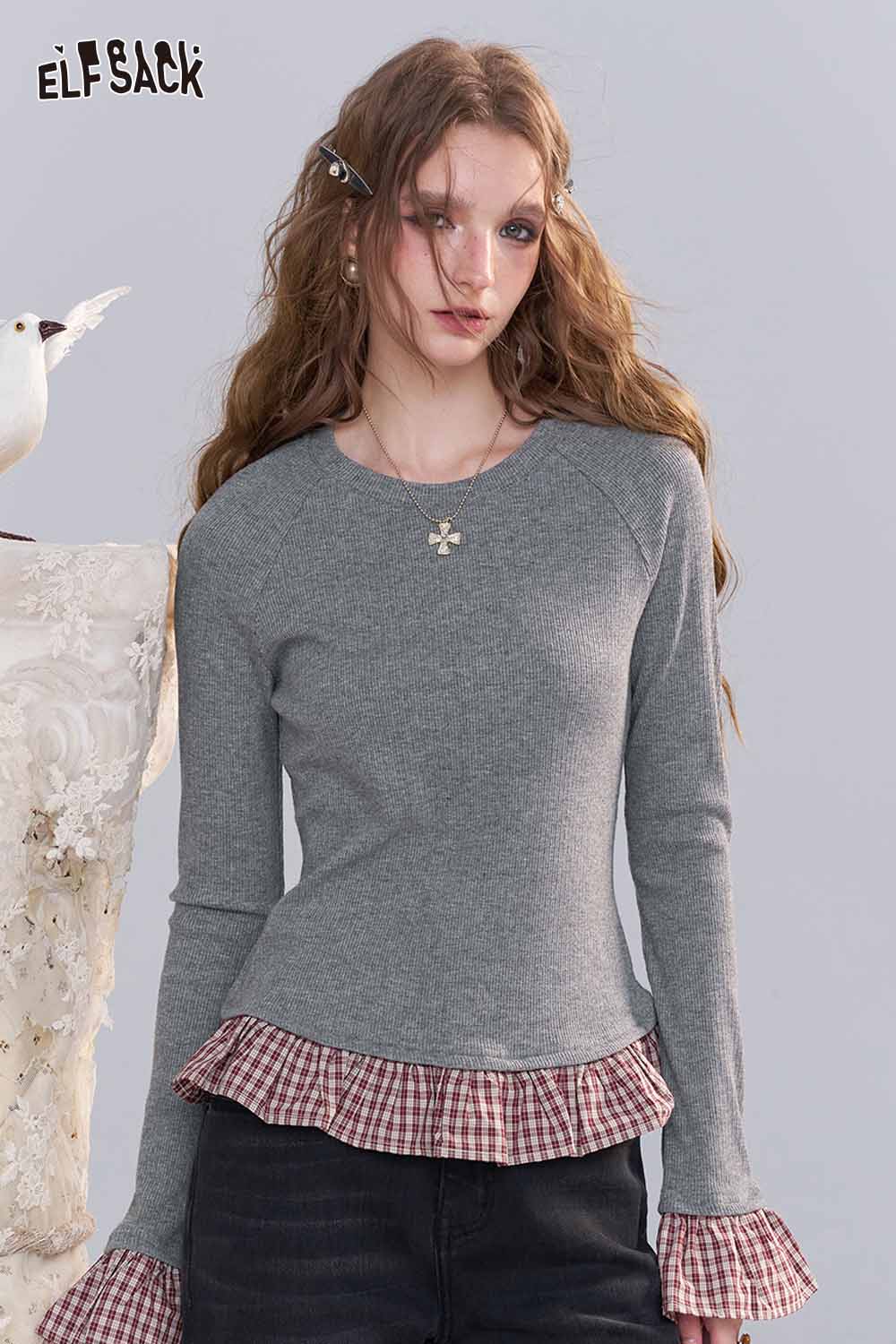 ELFSACK women's color block knit pullover with checkered ruffle hem in gray and red