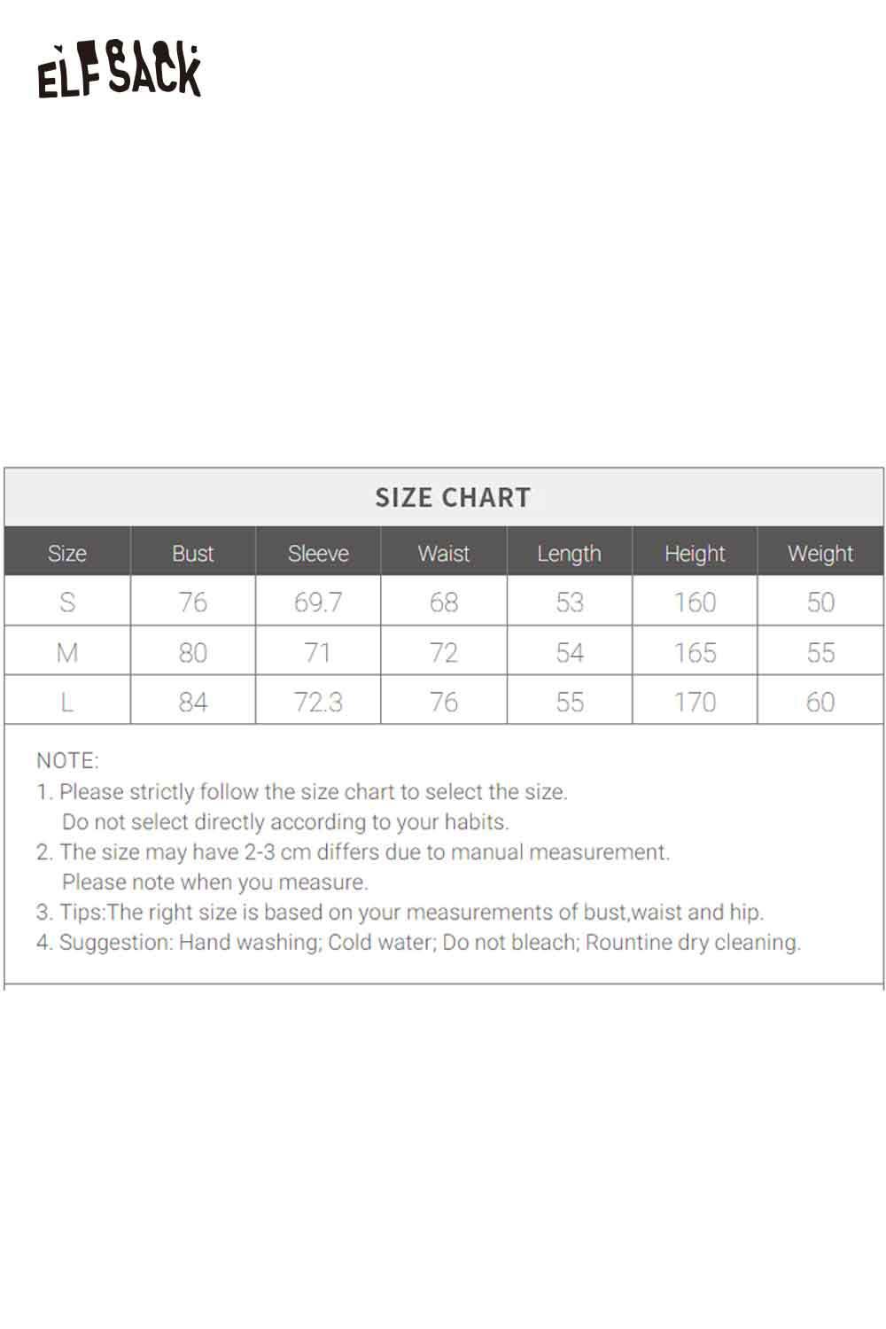 Size chart for ELFSACK women's color block knit pullover with measurements for S, M, and L sizes