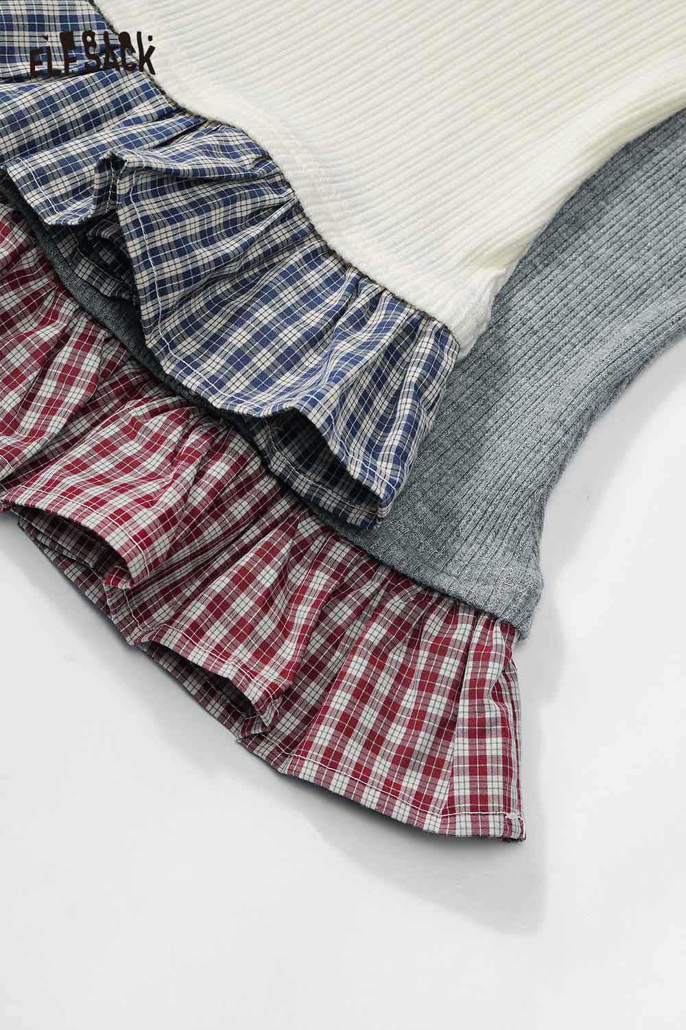 Close-up of ELFSACK women's color block knit pullover featuring playful ruffle details in various colors