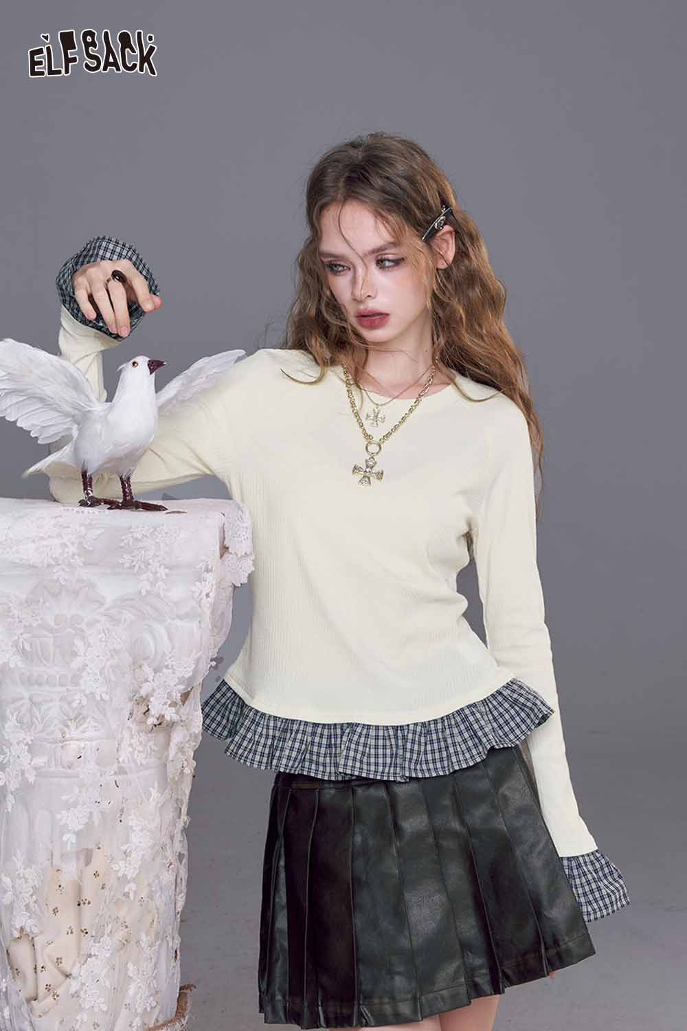 ELFSACK women's color block knit pullover with ruffled hem and contrasting sleeves