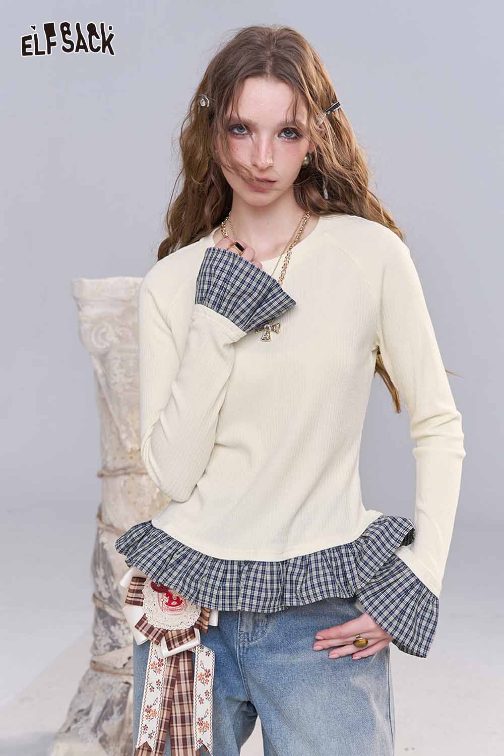 ELFSACK women's color block knit pullover with ruffled hem and contrasting sleeve cuffs