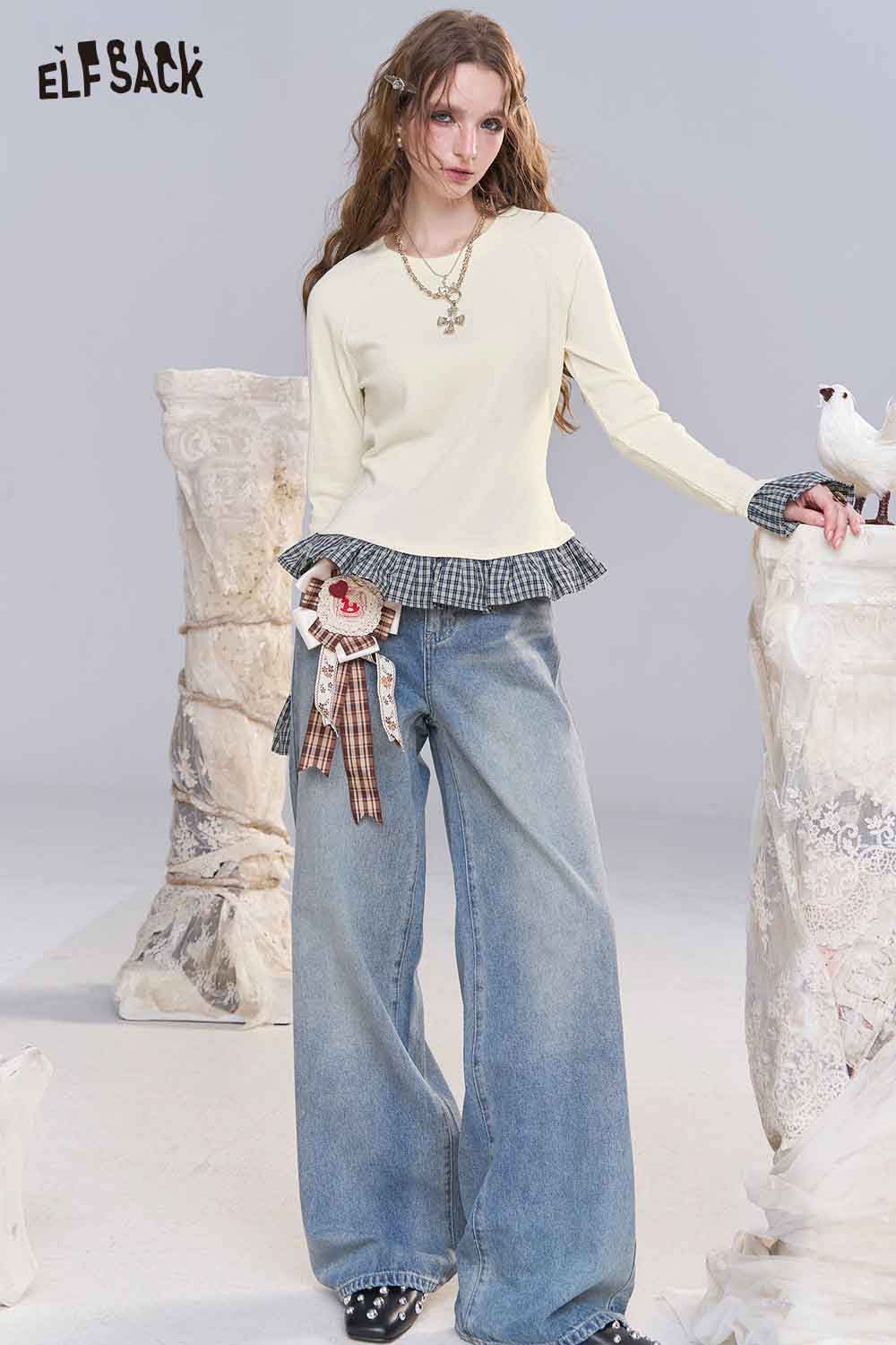 ELFSACK women's color block knit pullover with a ruffled hem and long sleeves, styled with wide-leg jeans