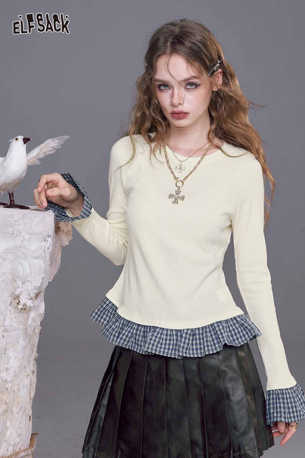 ELFSACK women's color block knit pullover with ruffled hem and contrasting cuffs for a trendy look