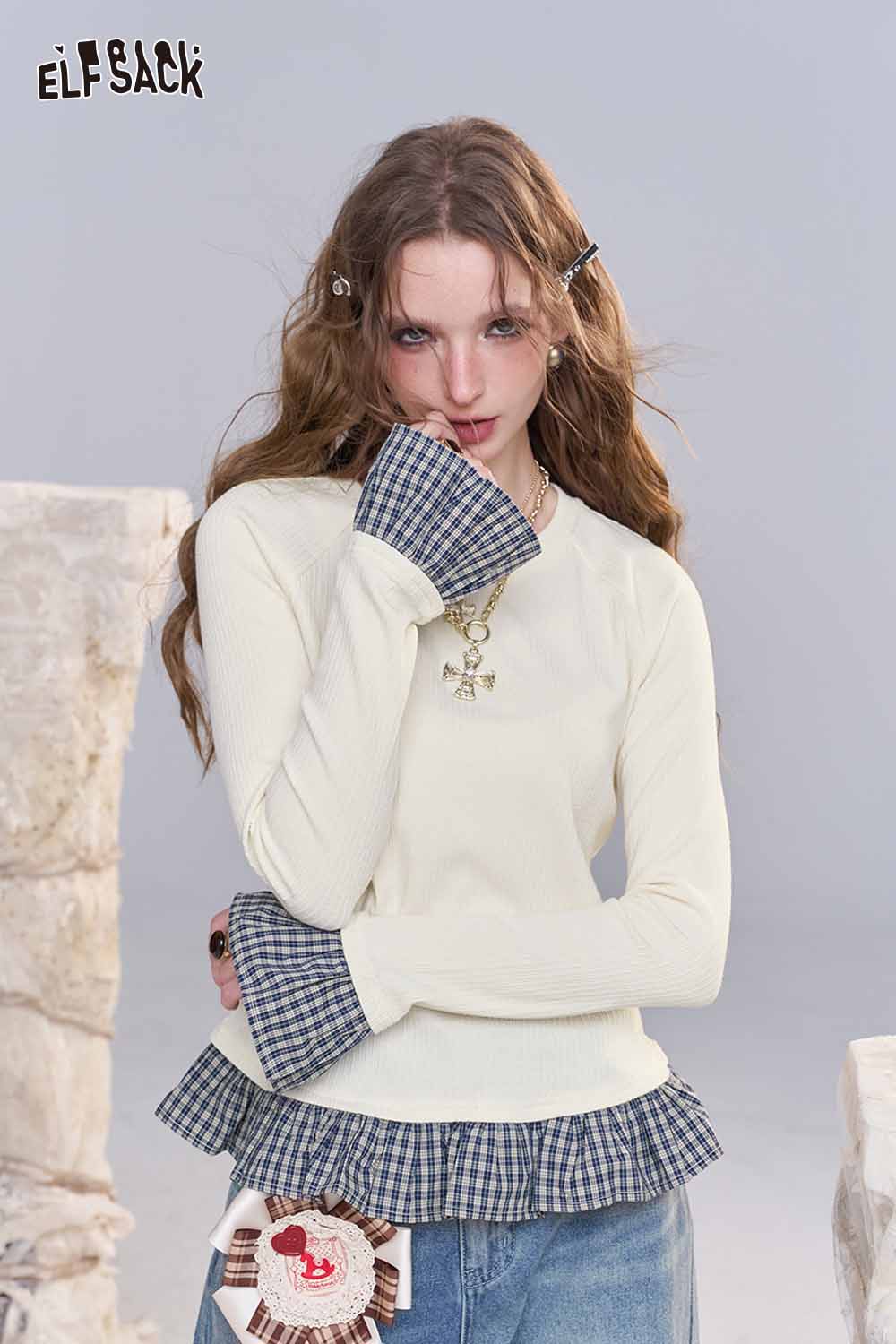 ELFSACK women's color block knit pullover featuring unique sleeve details and ruffled hem design