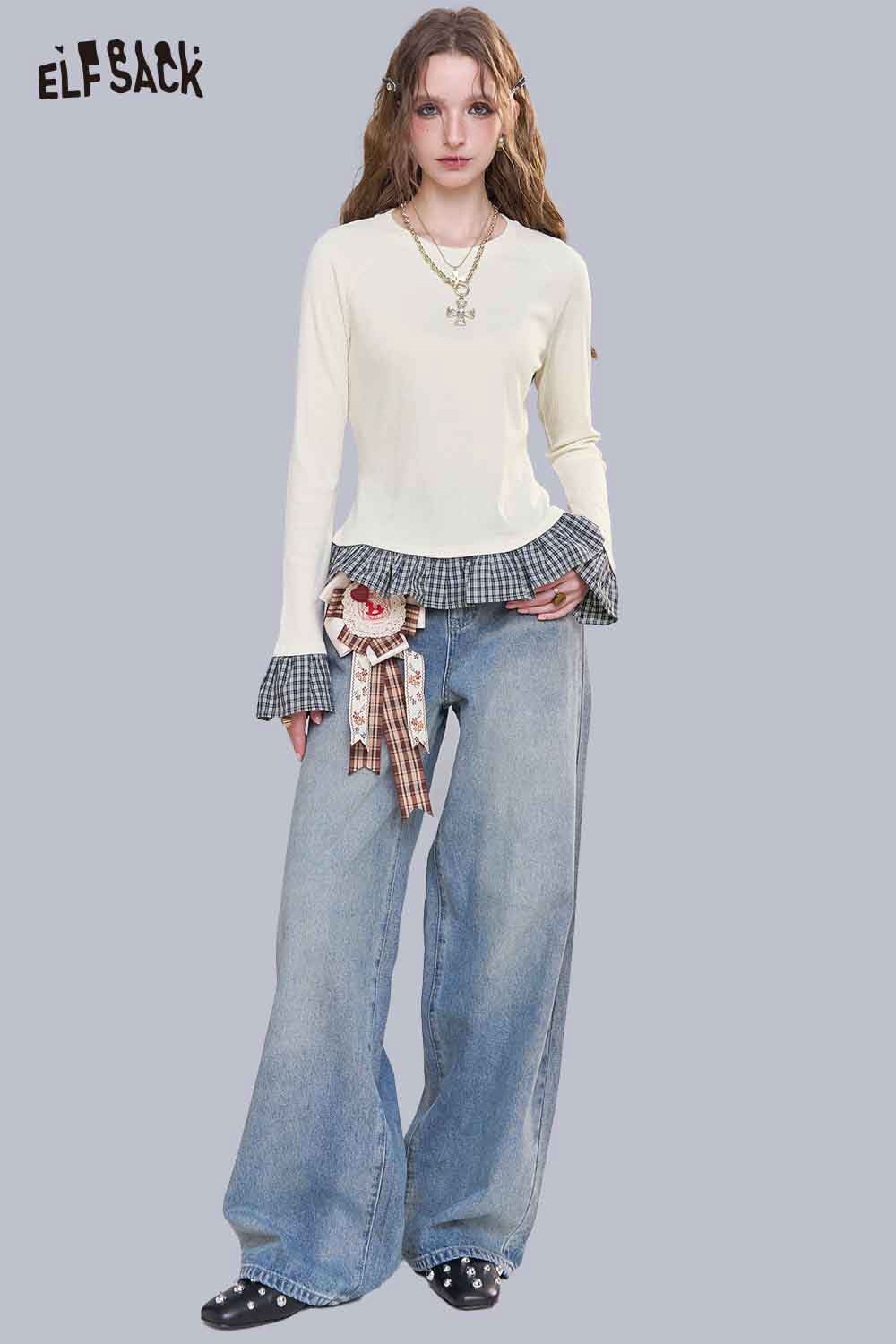 ELFSACK women's color block knit pullover with flared sleeves and checkered hem for stylish casual wear