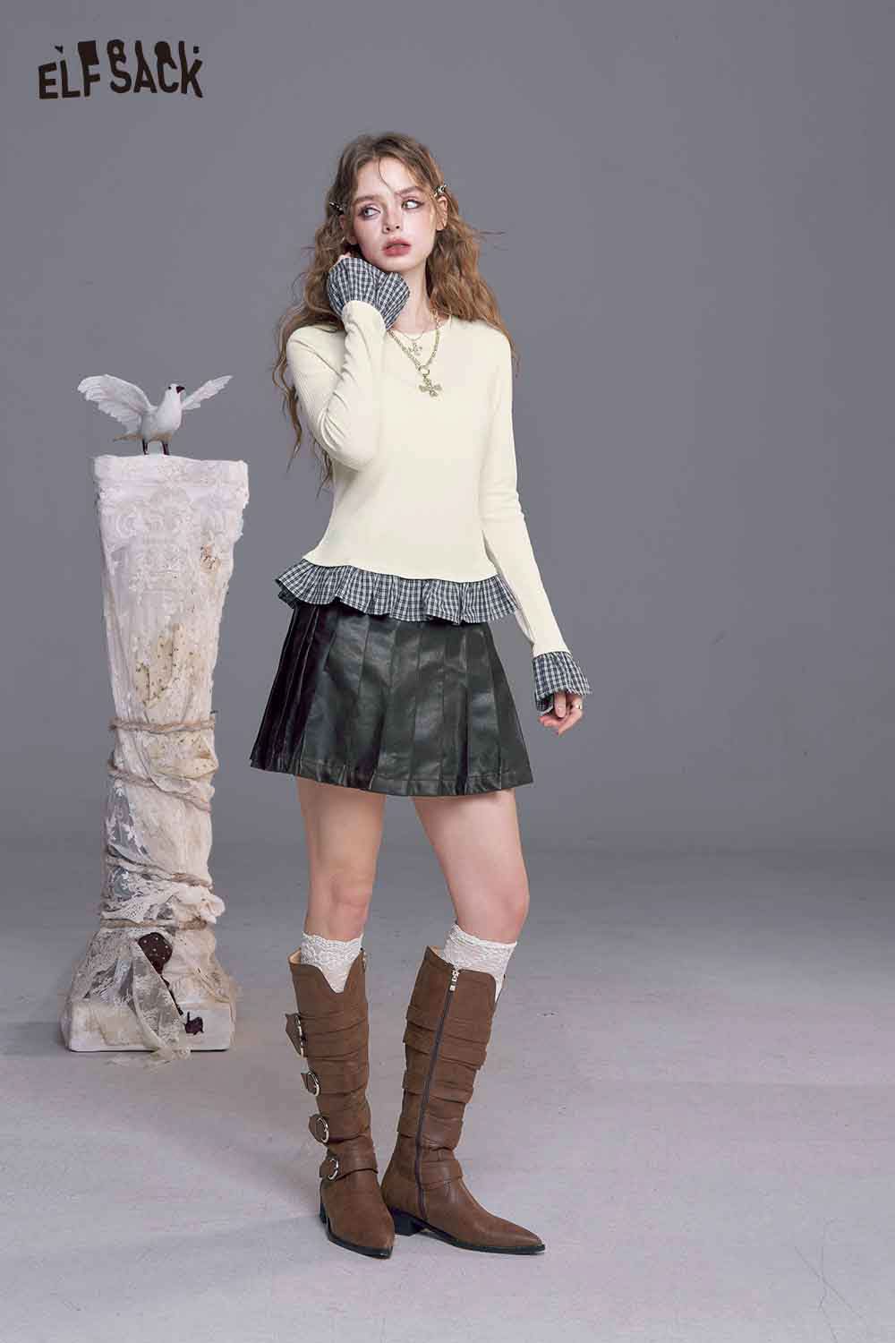 ELFSACK women's color block knit pullover with unique hem, paired with a stylish skirt and tall boots