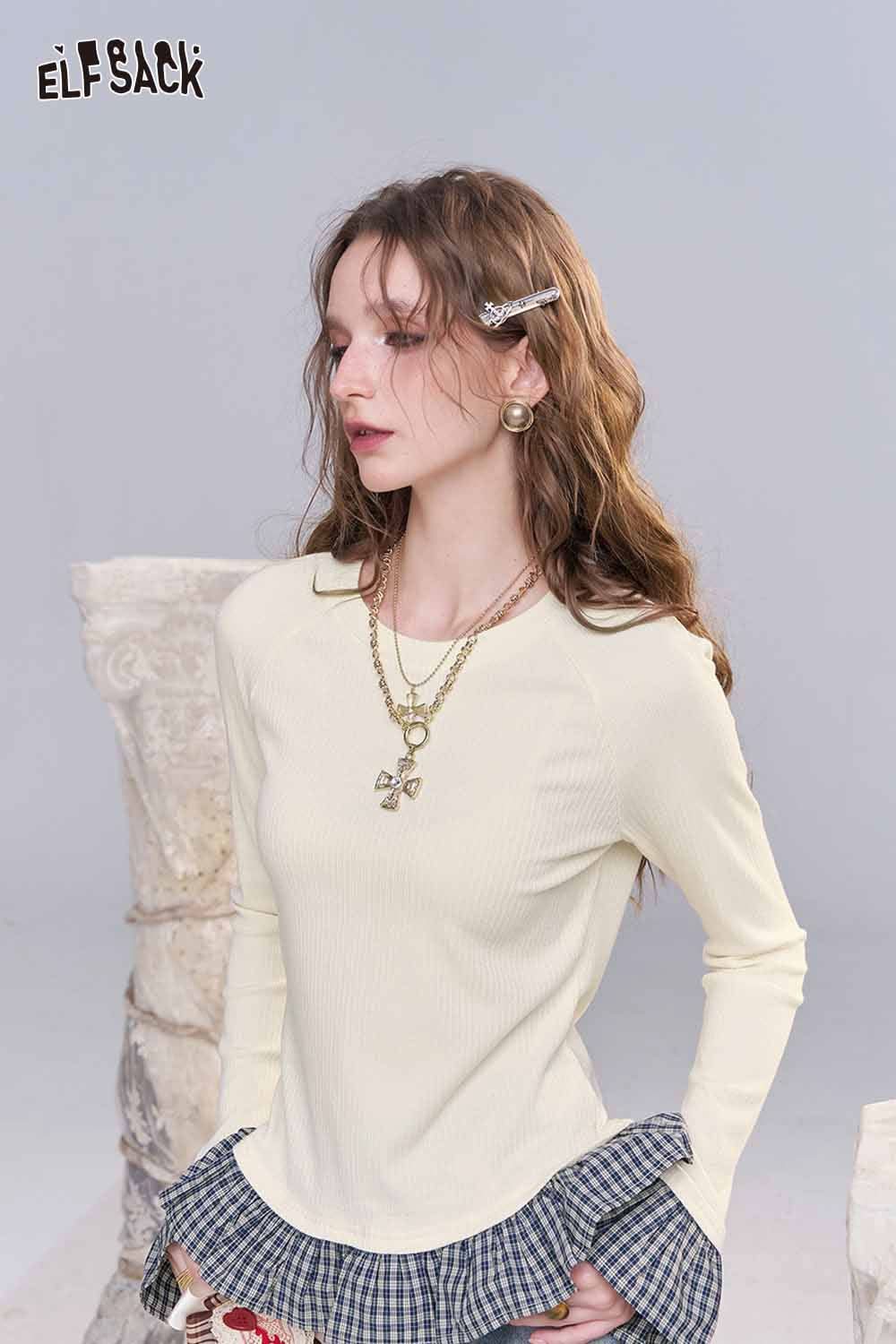 ELFSACK women's color block knit pullover in light yellow with stylish ruffle detail