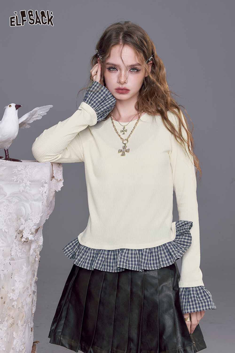 ELFSACK women's color block knit pullover featuring ruffled hem and stylish plaid cuffs
