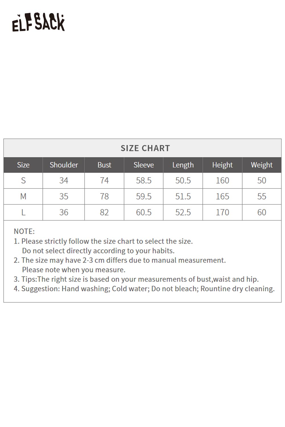 
                  
                    Size chart for ELFSACK women's color block knit top with measurements for effective sizing
                  
                