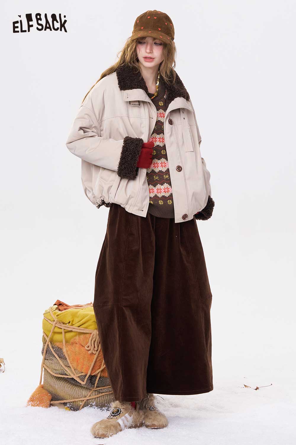 ELFSACK women's color block stripe sweater layered under a cozy beige jacket and brown wide-leg pants