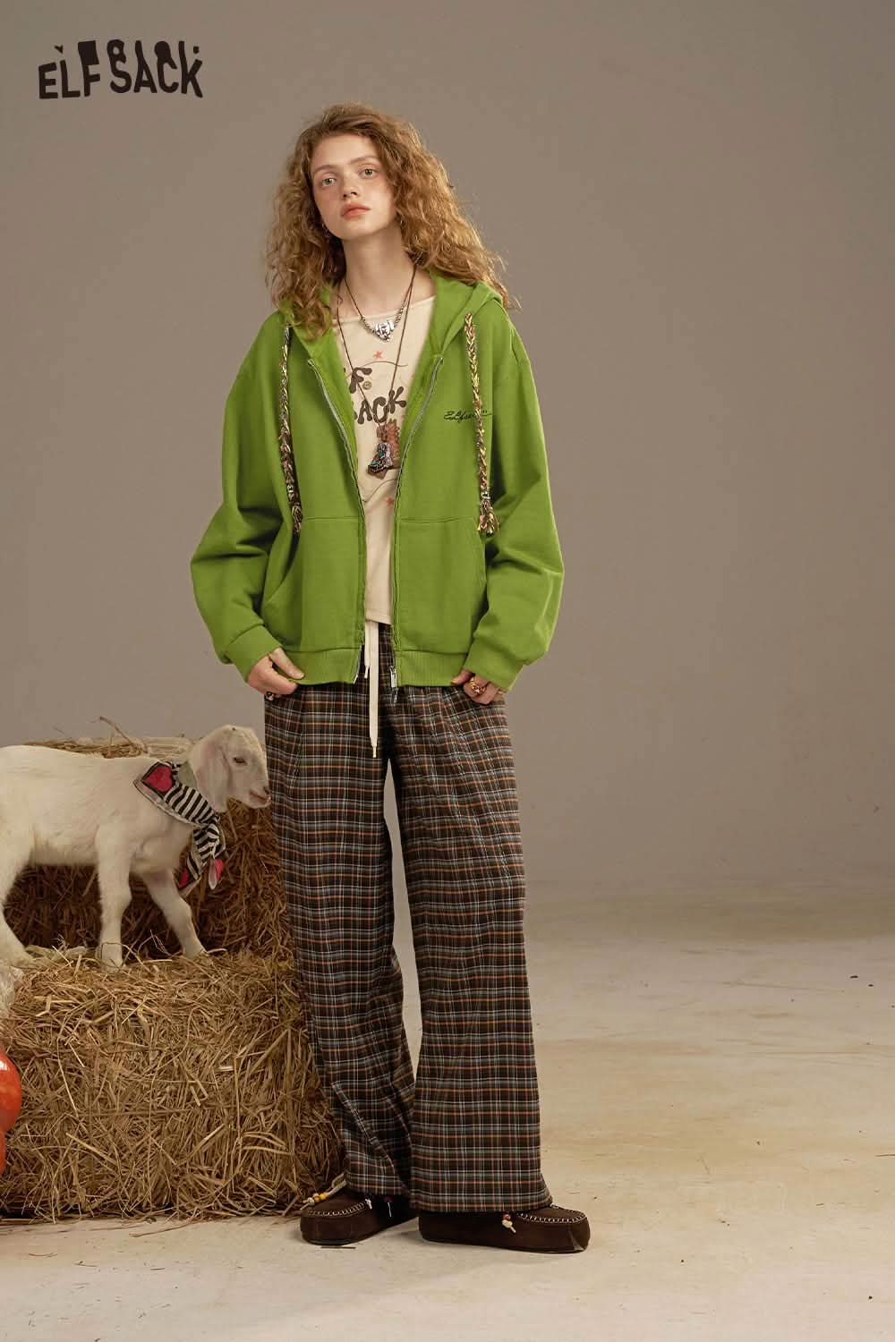 ELFSACK women's colorful hooded jacket in vibrant green with a relaxed fit for casual style
