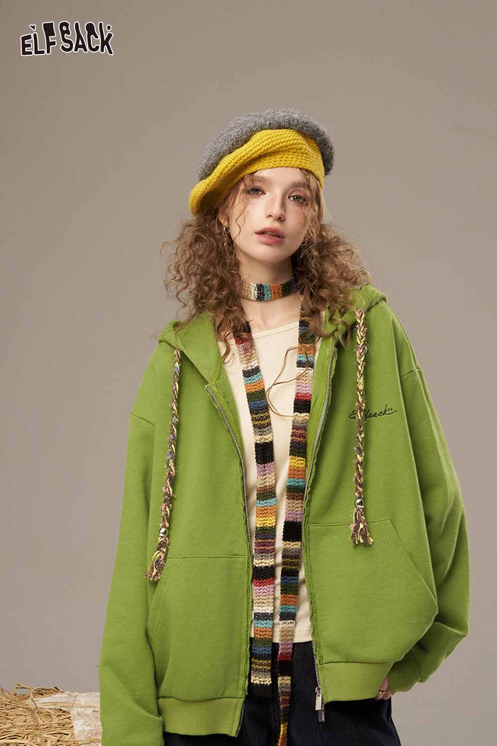 ELFSACK women's colorful hooded jacket in vibrant green with unique braided details