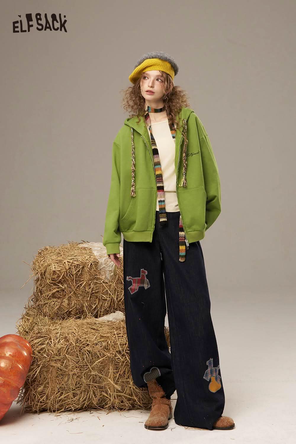 ELFSACK women's colorful hooded jacket paired with oversized denim pants for a trendy fall look
