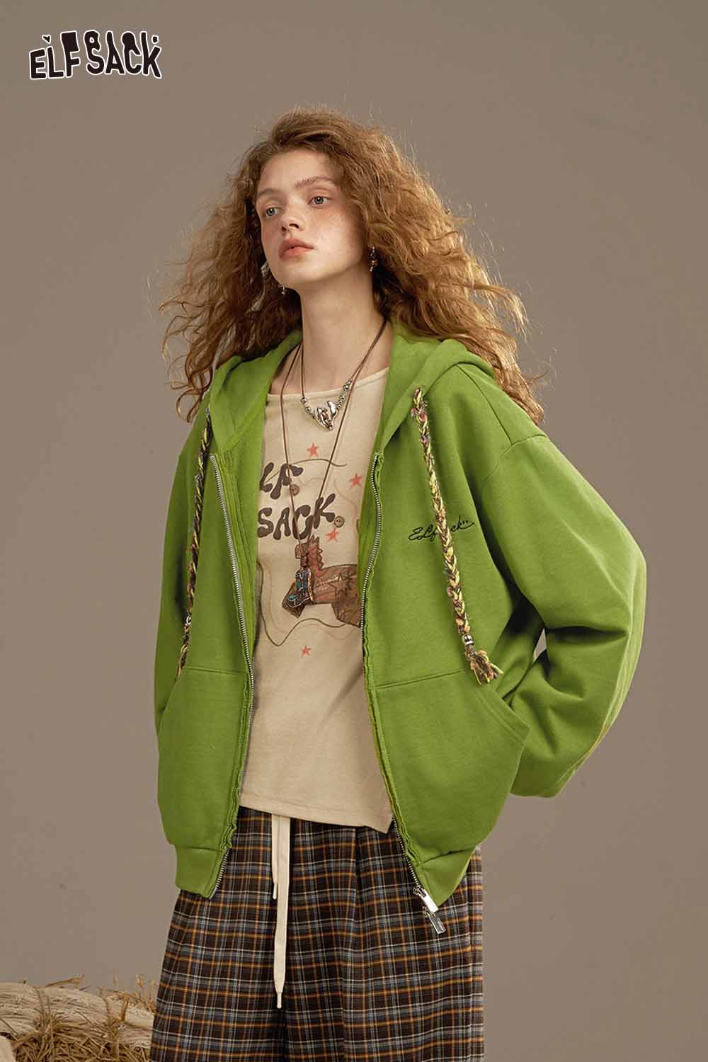 ELFSACK women's colorful hooded jacket in green with drawstring and casual style for trendy outfits