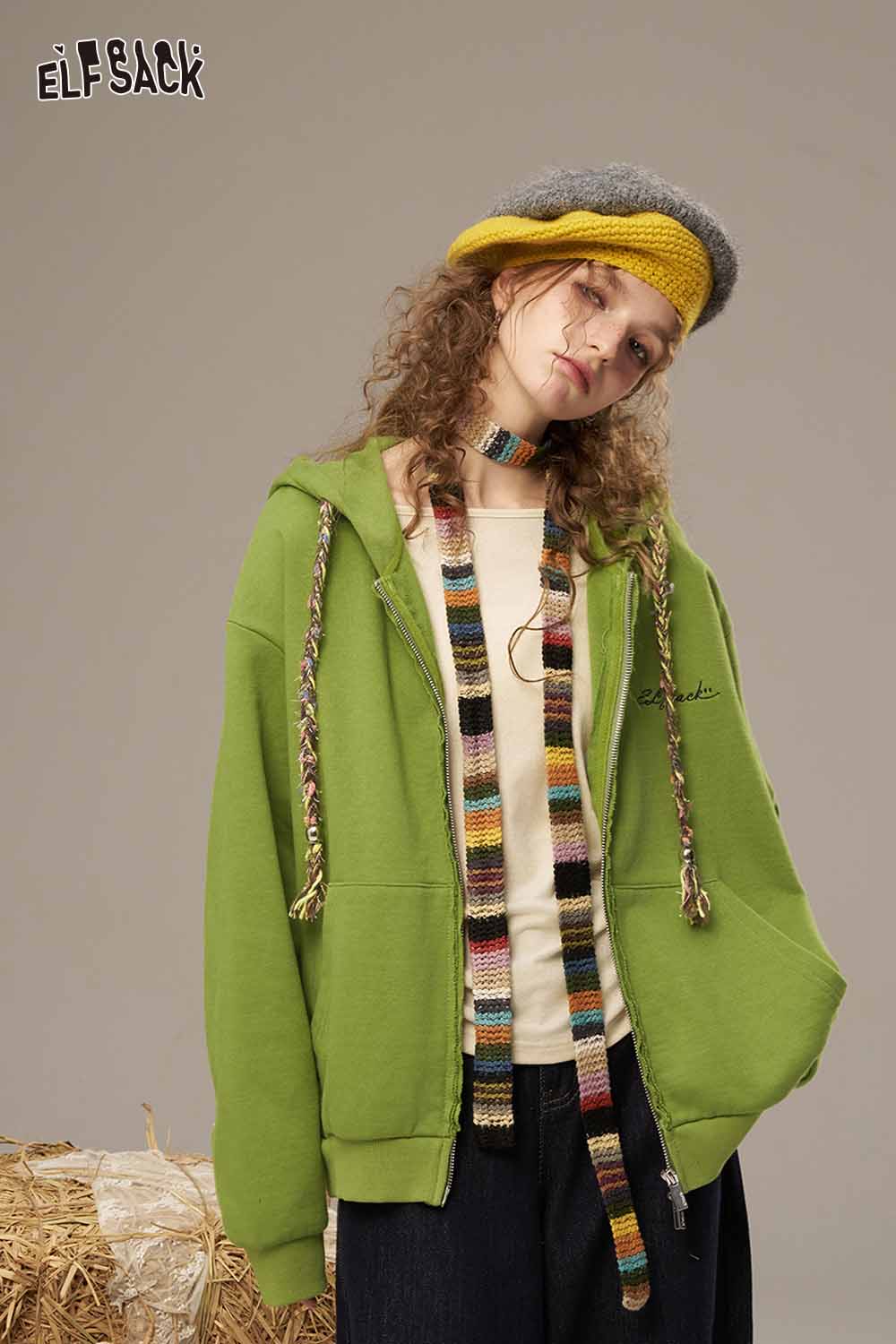 ELFSACK women's colorful hooded jacket in green with casual style and relaxed fit