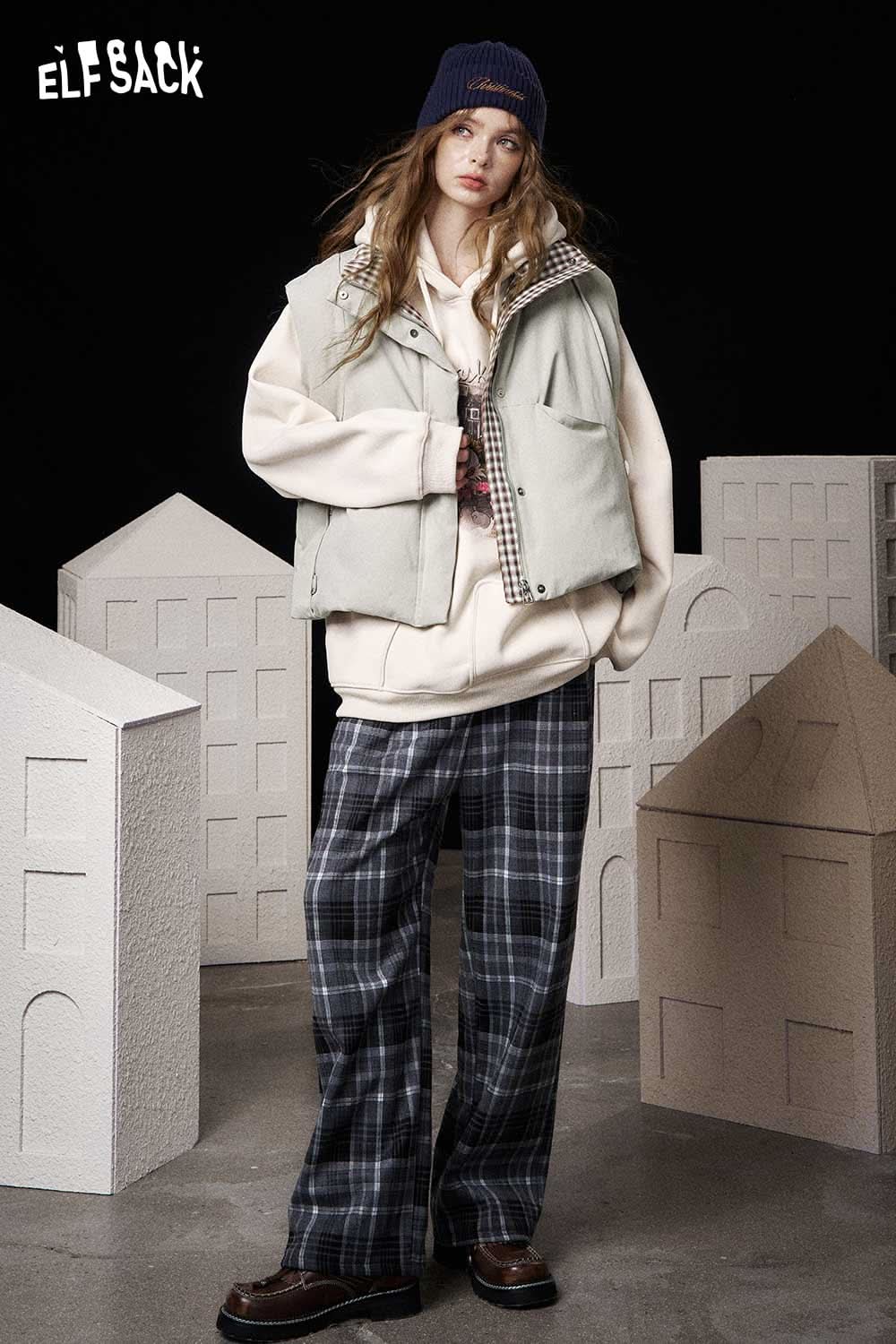 ELFSACK women's cotton blend down vest styled with plaid pants for a cozy autumn look