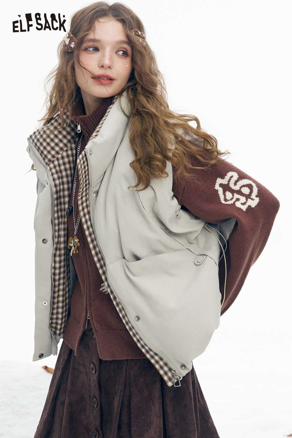 ELFSACK women's cotton blend down vest in light grey with checkered lining for stylish warmth