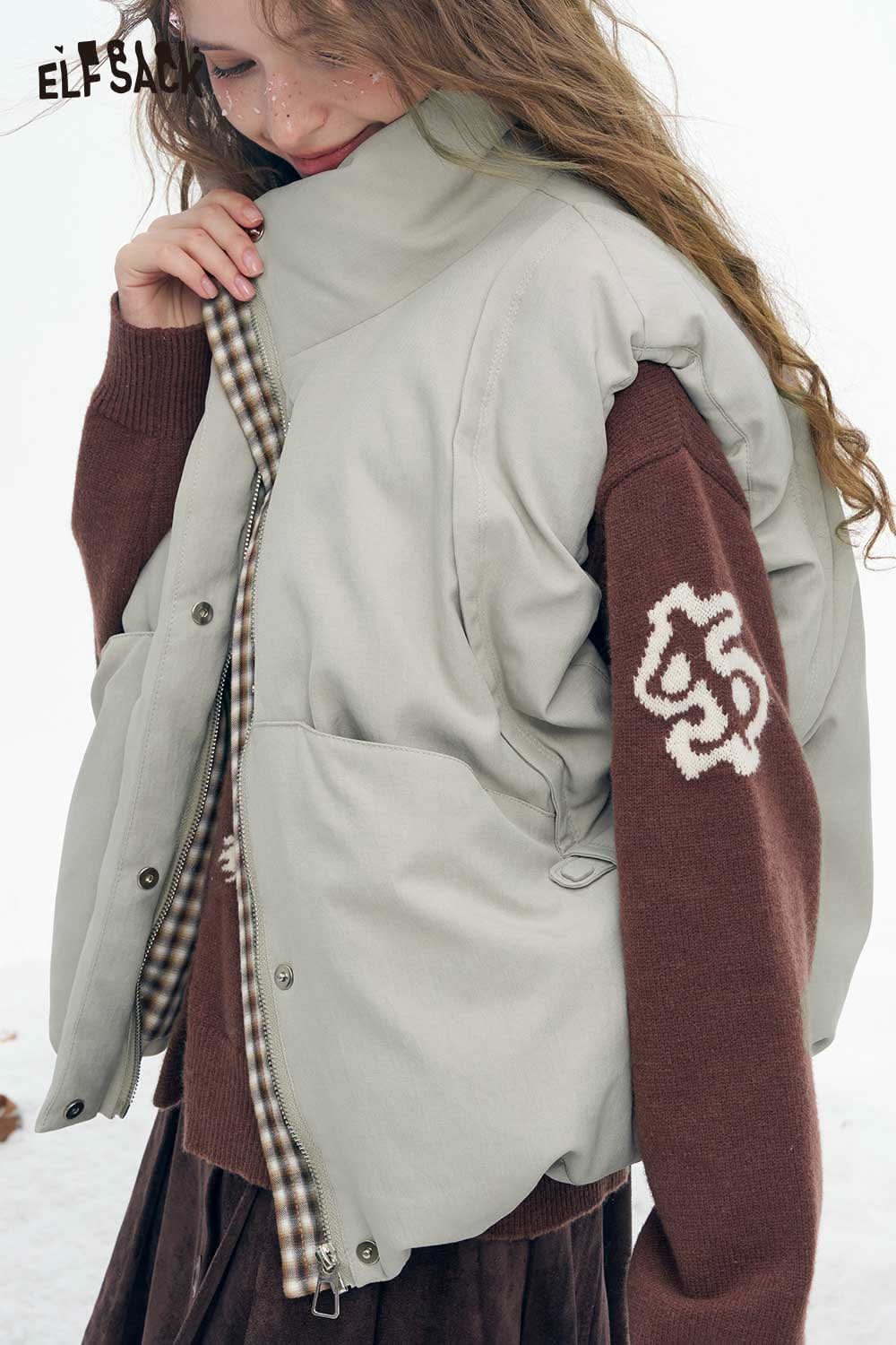 ELFSACK women's cotton blend down vest in light gray with stylish pockets for warm layering