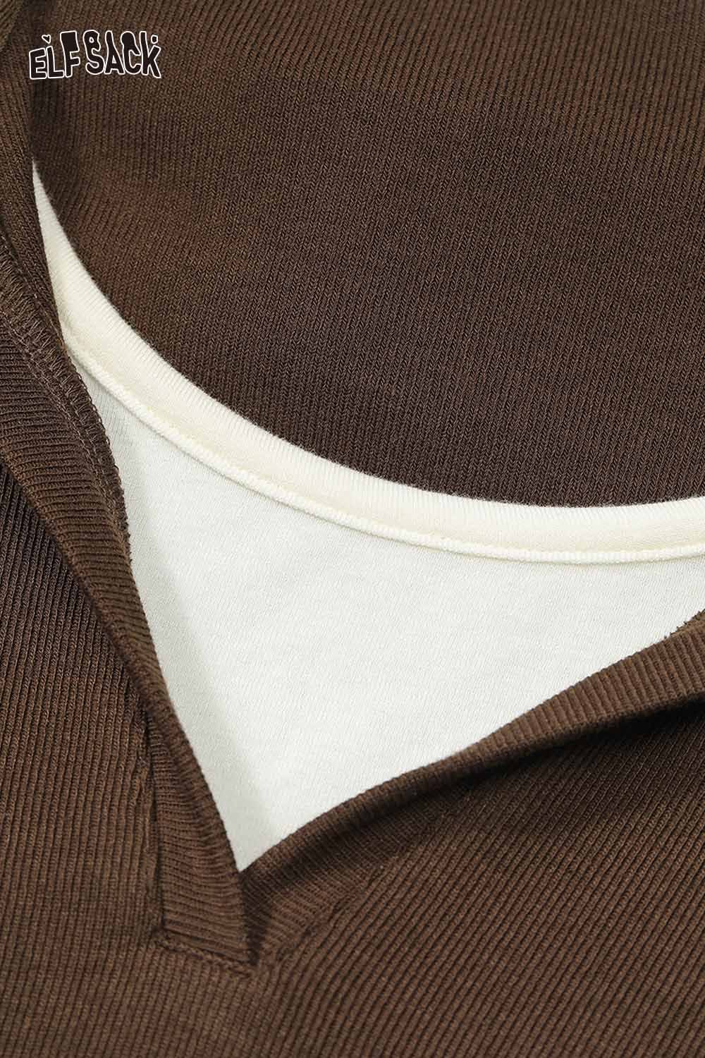 Close-up of ELFSACK womens cotton blend knit top featuring a stylish brown design and a unique collar detail
