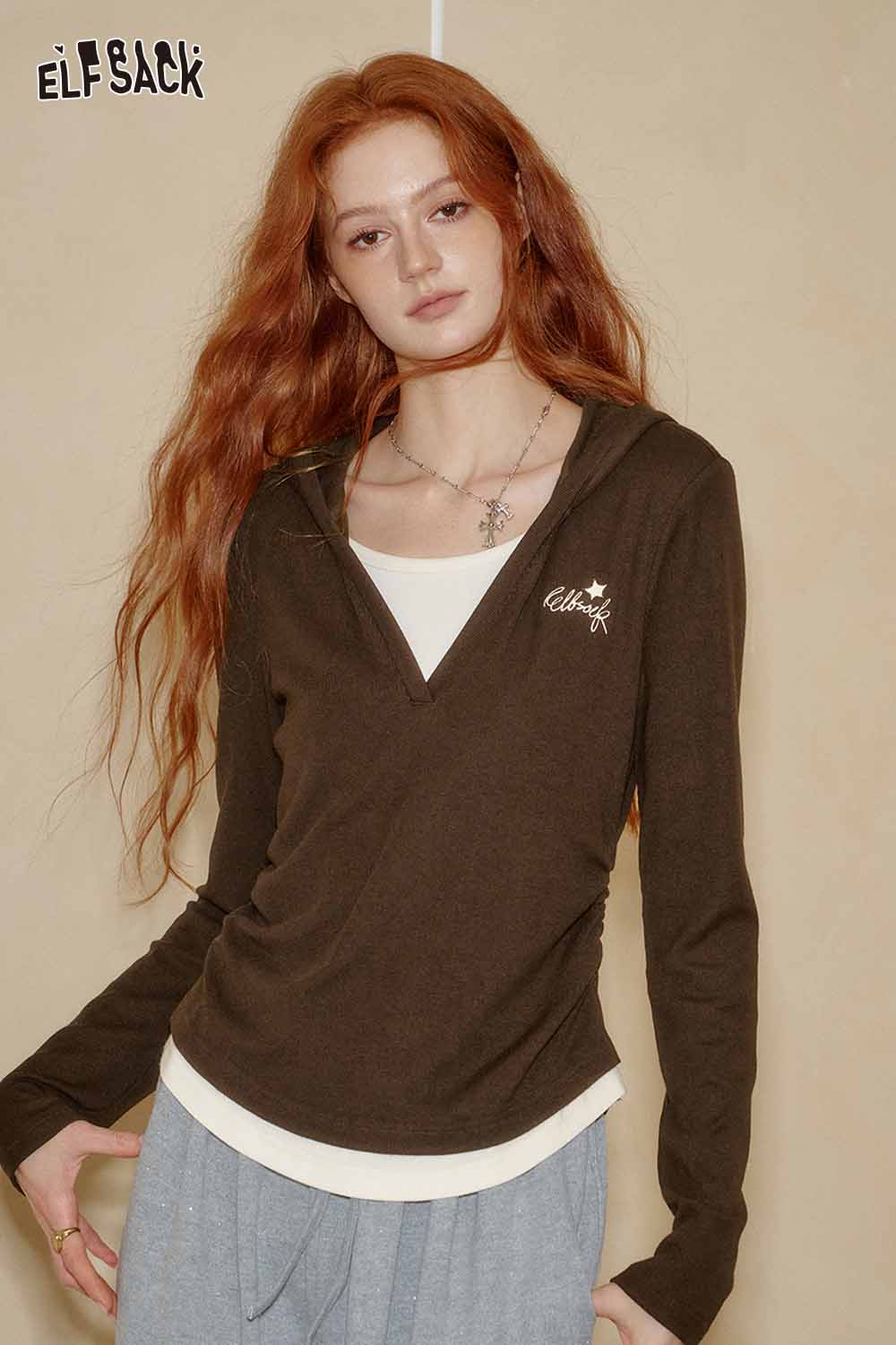 ELFSACK womens cotton blend knit top in brown with a stylish hood and slim fit design