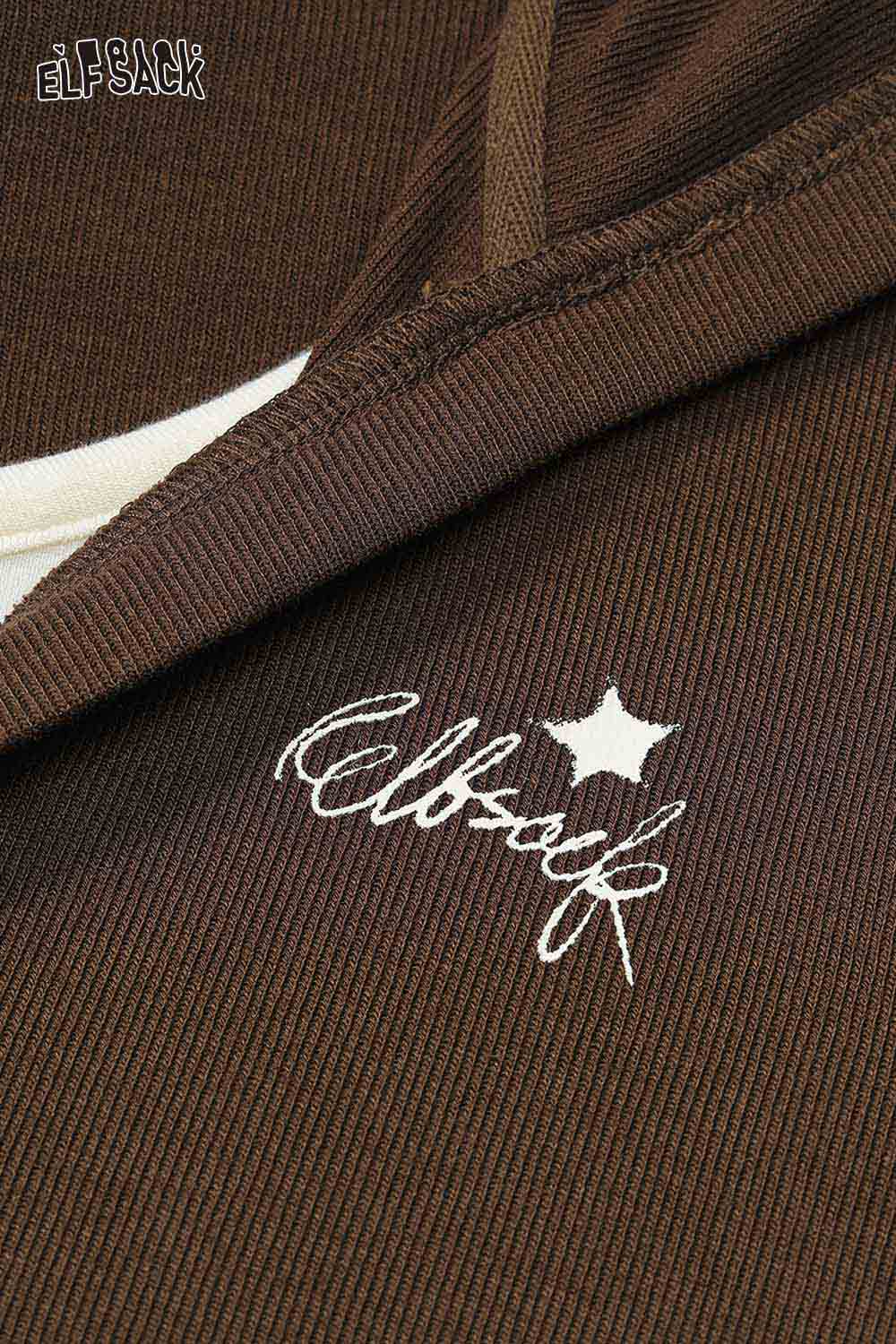 ELFSACK womens cotton blend knit top featuring a stylish brown ribbed texture and logo detail