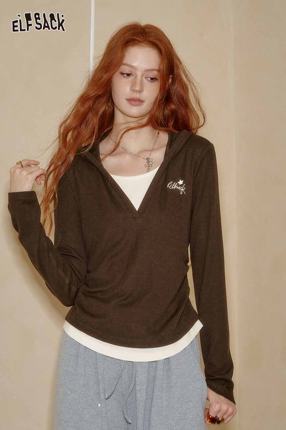 ELFSACK womens cotton blend knit top in brown featuring a relaxed fit and long sleeves